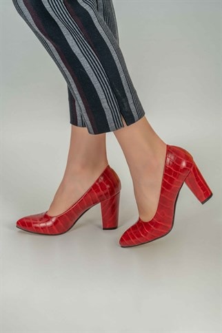 Afra Kroko Klasik Topuklu Ayakkabı -Kırmızı