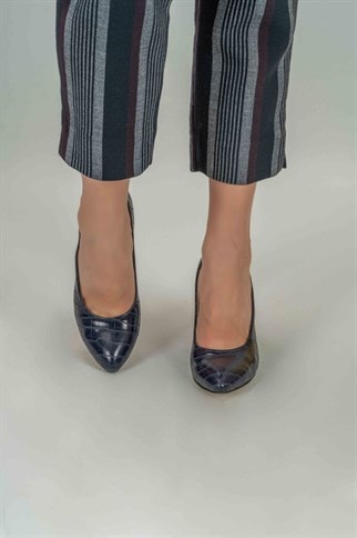Afra Kroko Klasik Topuklu Ayakkabı -Lacivert