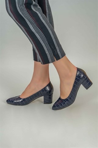 Afra Kroko Klasik Topuklu Ayakkabı -Lacivert