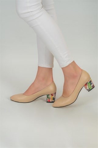 Afra Renkli Topuk Klasik Topuklu Ayakkabı -Bej