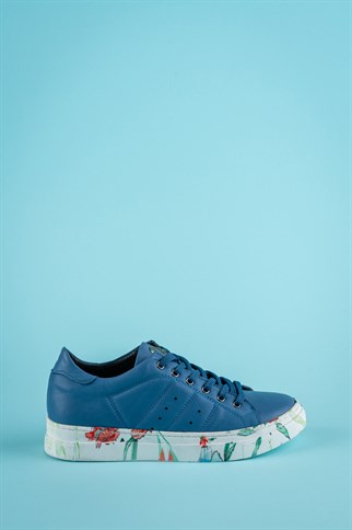 Quick Kot Rengi Hakiki Deri Mavi Kırmızı Çiçekli Tabanlı Spor Ayakkabı