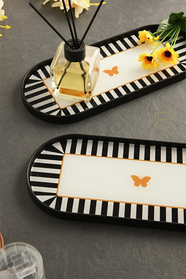 Metpoint Kelebek Desen Detaylı Cam Sunum Tepsisi Siyah 2 Adet 12x30 cm