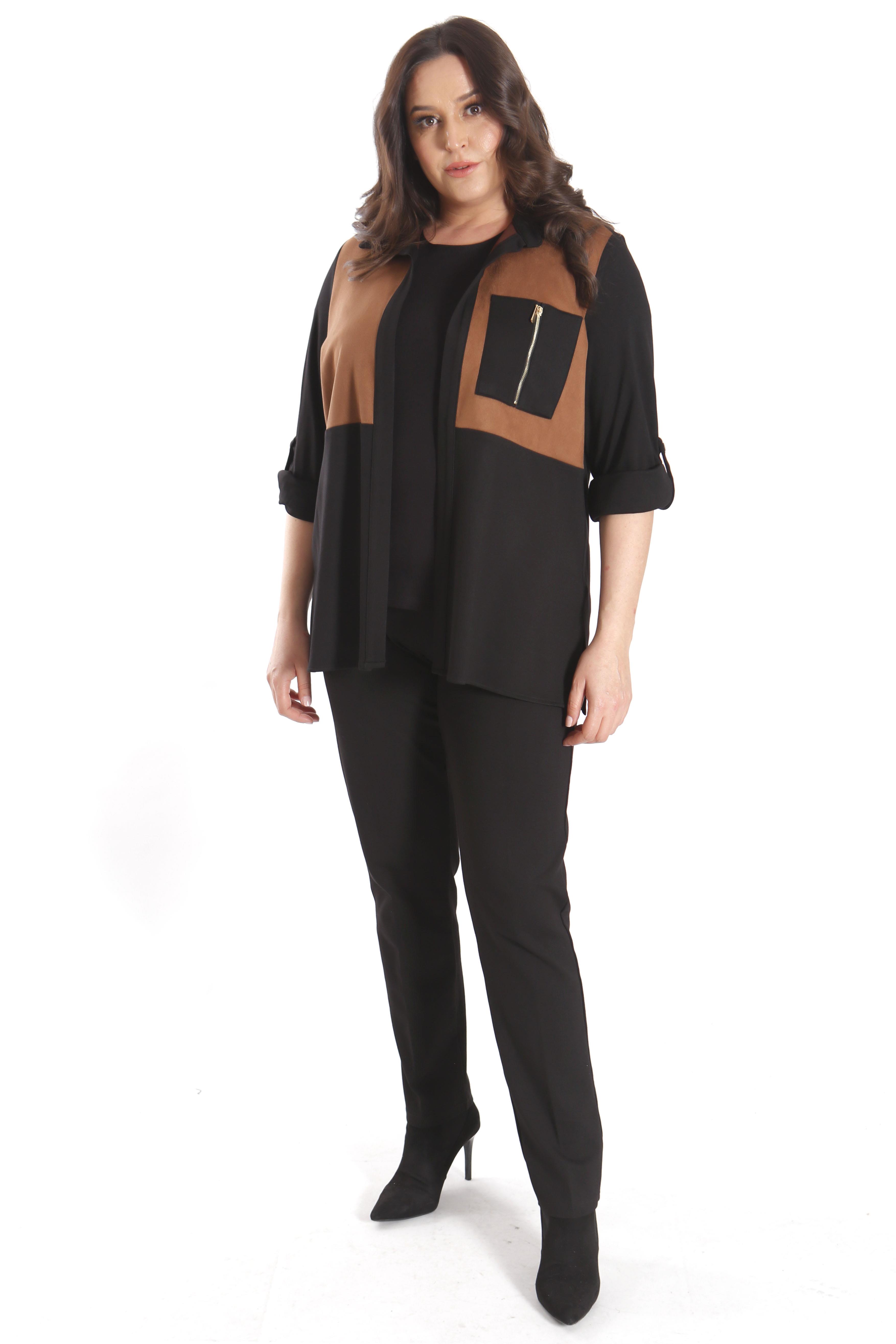Tren42plus Büyük Beden Cep Fermuar Detaylı Camel Takım