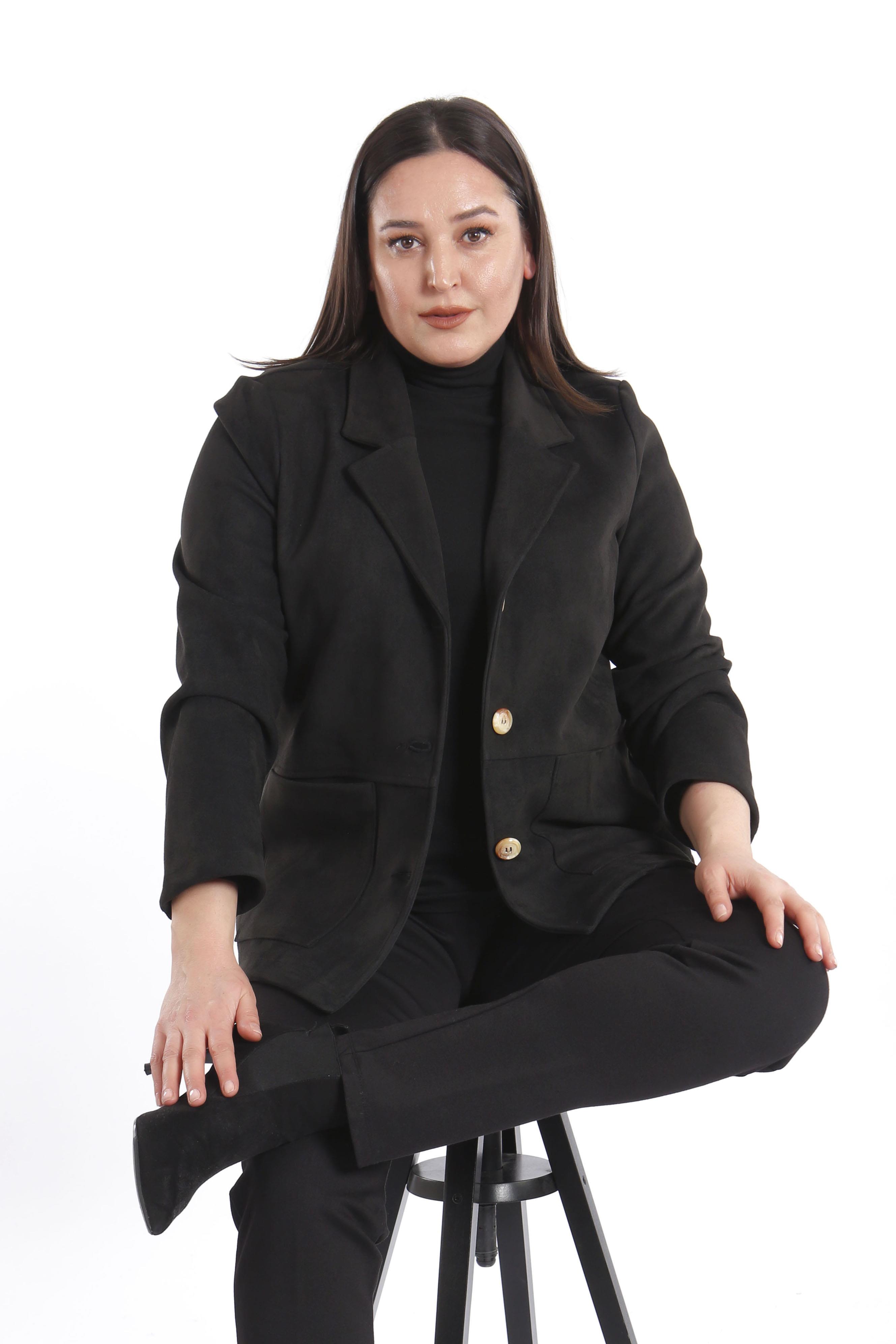 Trend42plus Büyük Beden Cep Detaylı Siyah Süet Ceket