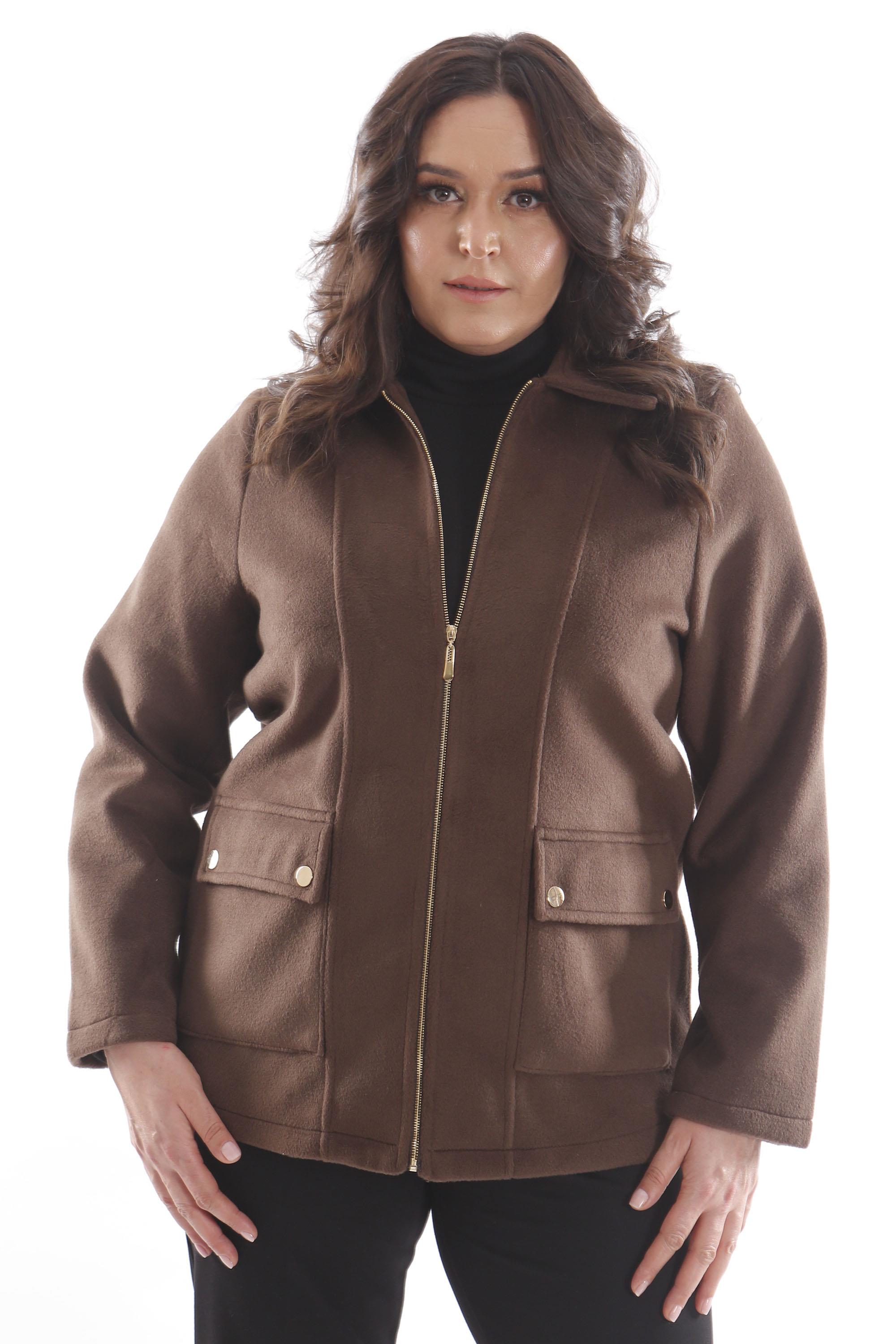 Trend42plus Büyük Beden Cep Kapaklı Fermuarlı Kahverengi Kaşe Kaban