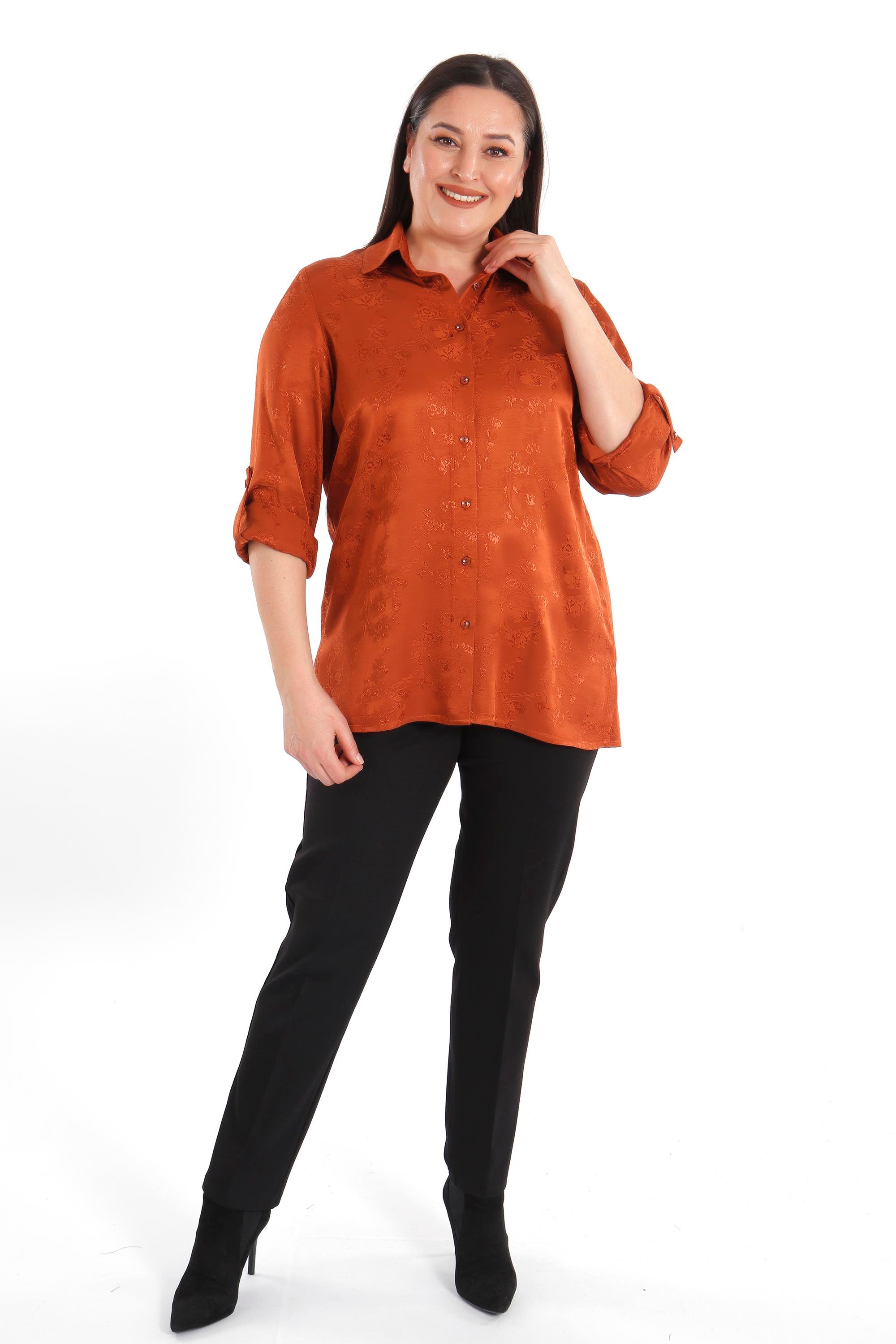 Trend42plus Büyük Beden Desenli Floş Viskoz Kiremit Gömlek