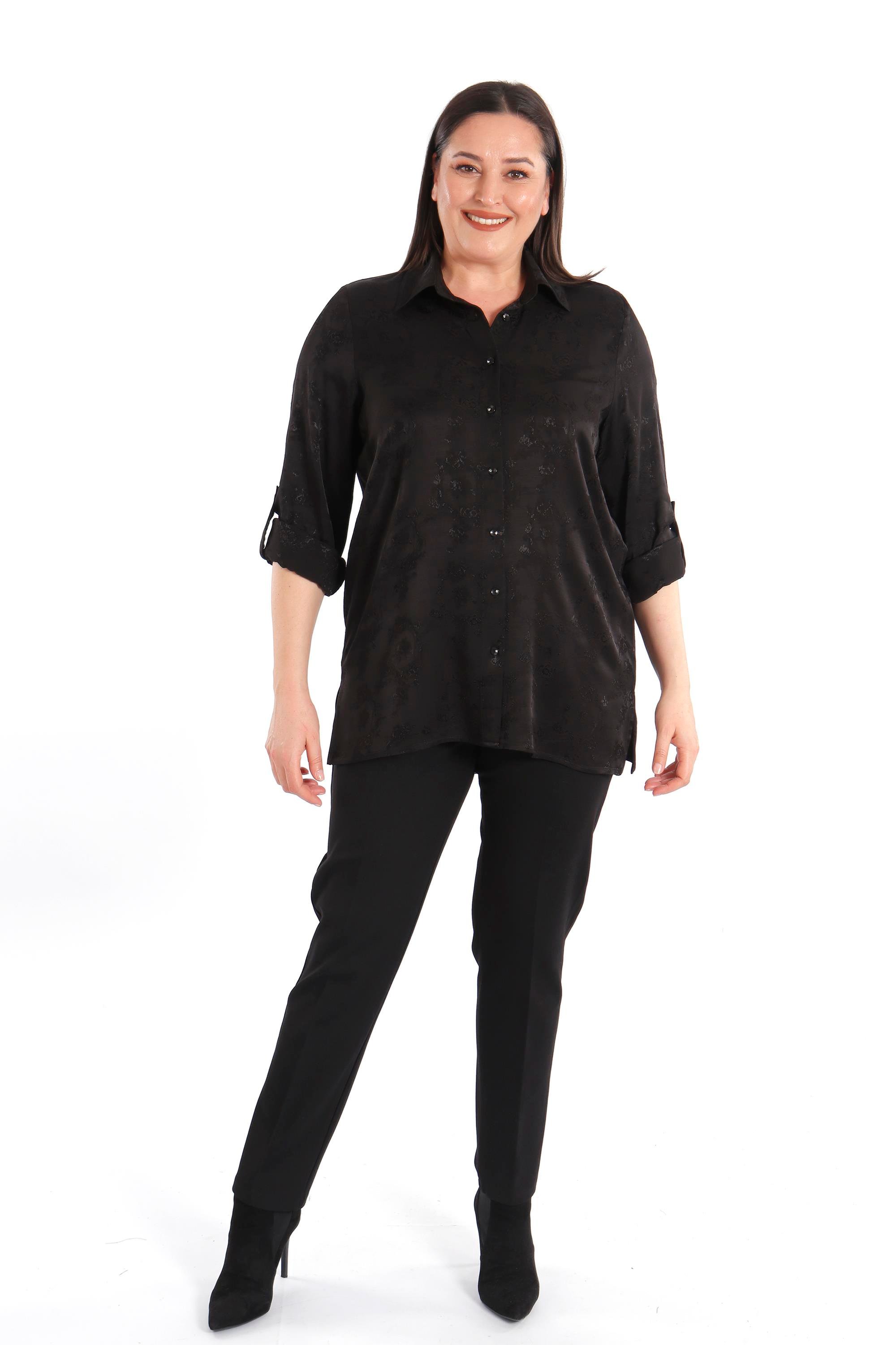 Trend42plus Büyük Beden Desenli Floş Viskoz Siyah Gömlek