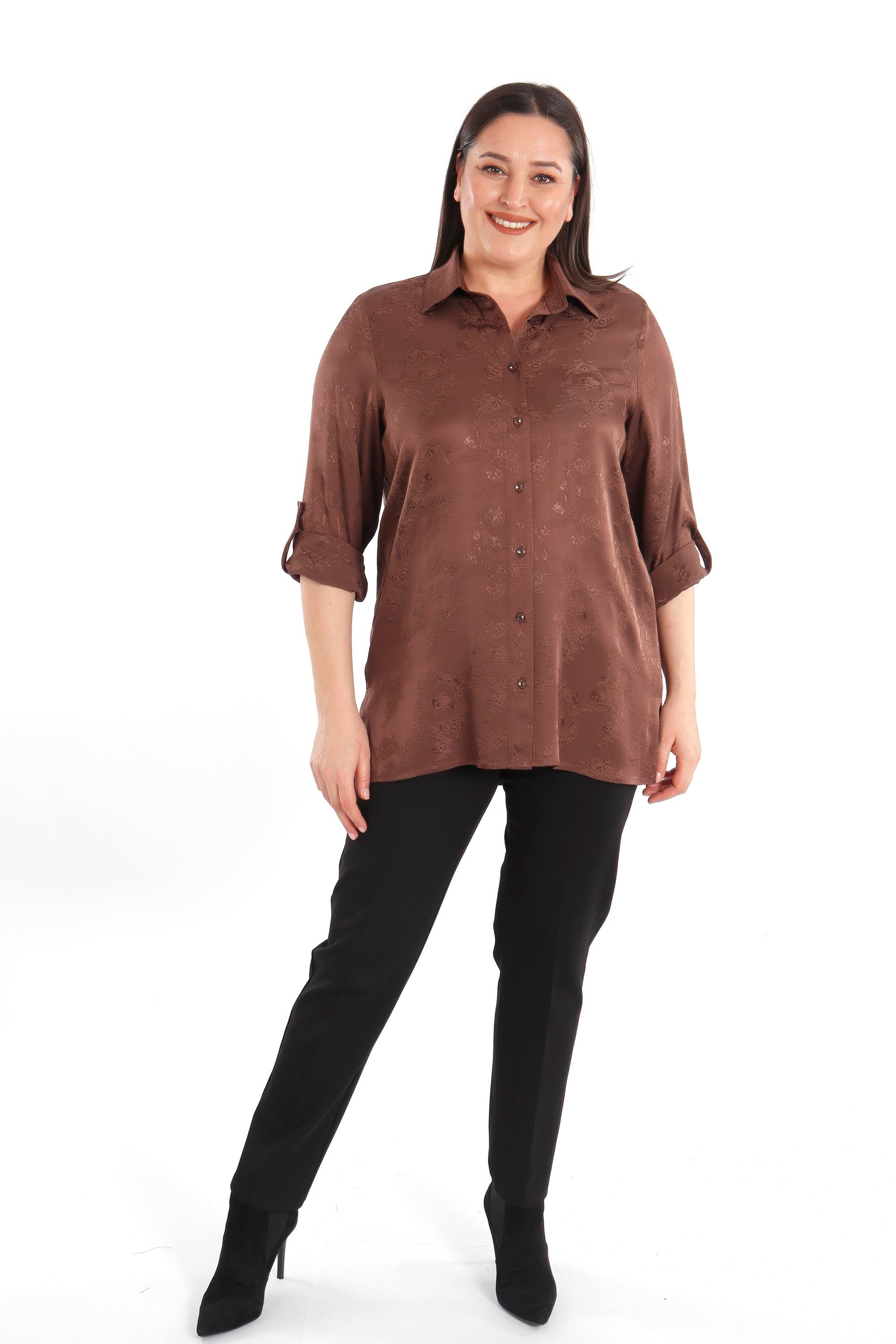 Trend42plus Büyük Beden Desenli Floş Viskoz Kahverengi Gömlek