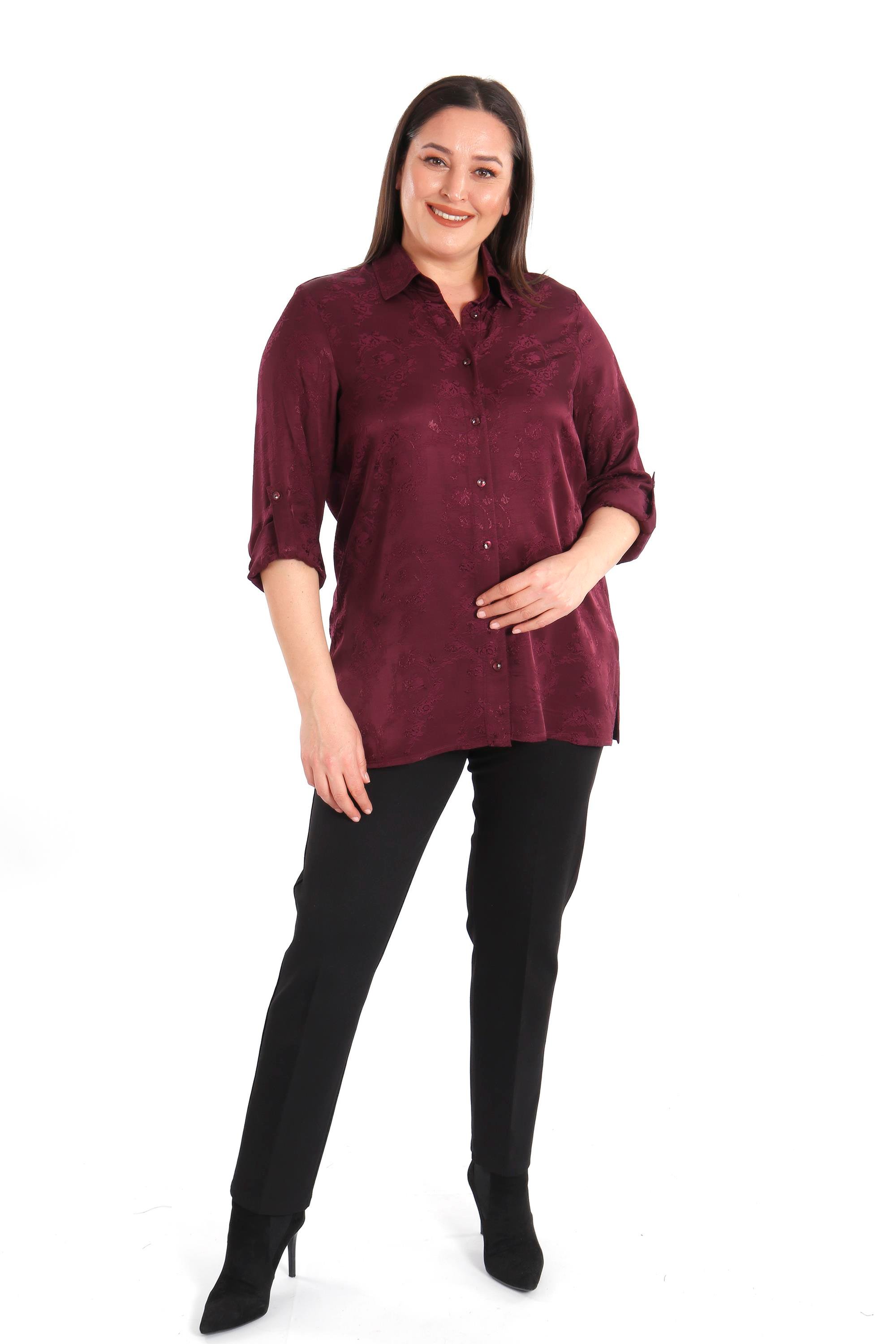 Trend42plus Büyük Beden Desenli Floş Viskoz Mürdüm Gömlek