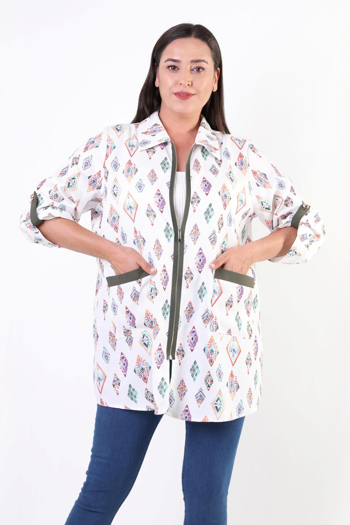 Trend42plus Büyük Beden Etnik Desen Fermuarlı Haki Ceket 