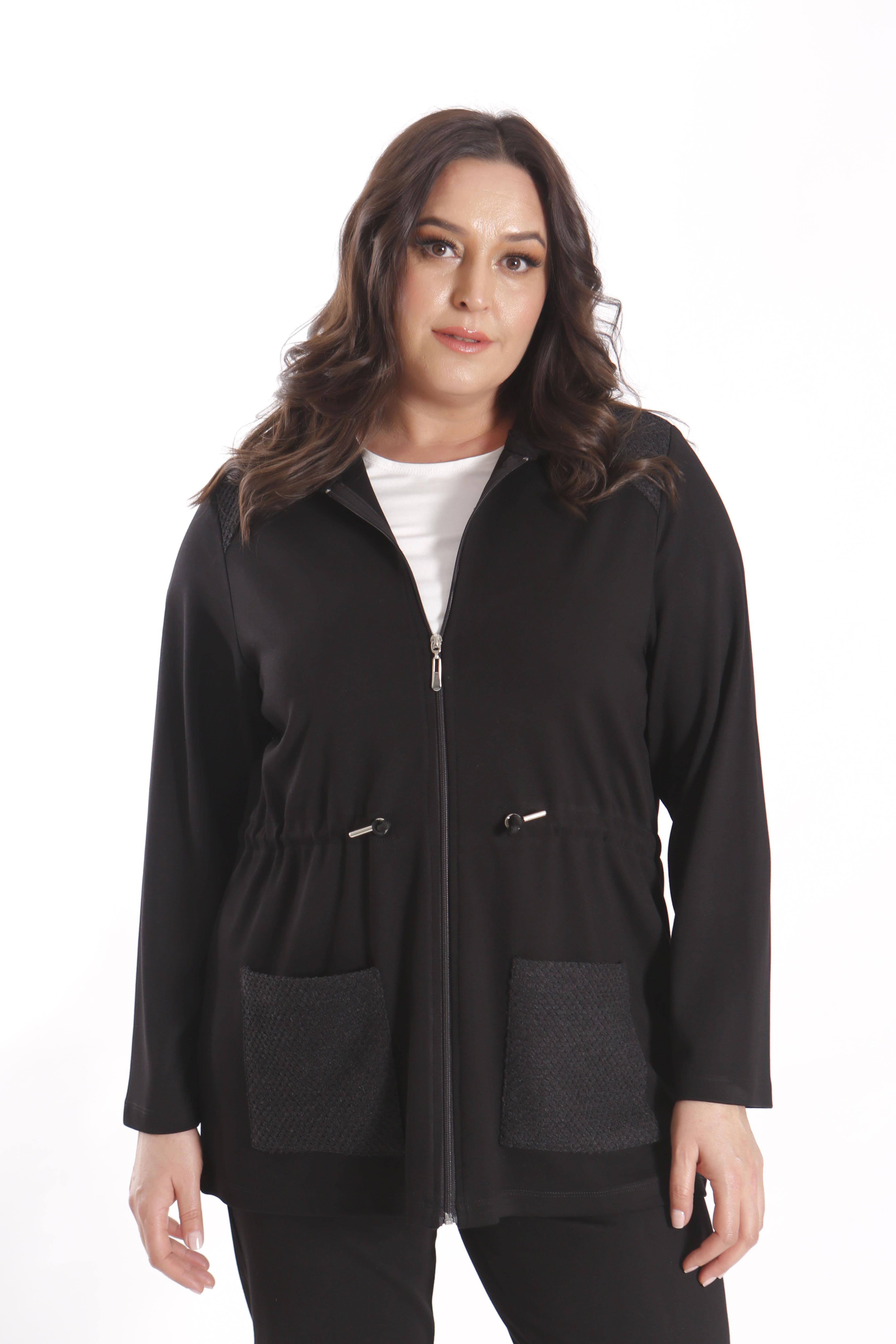 Trend42plus Büyük Beden Fermuarlı Kapüşonlu Siyah Trenç