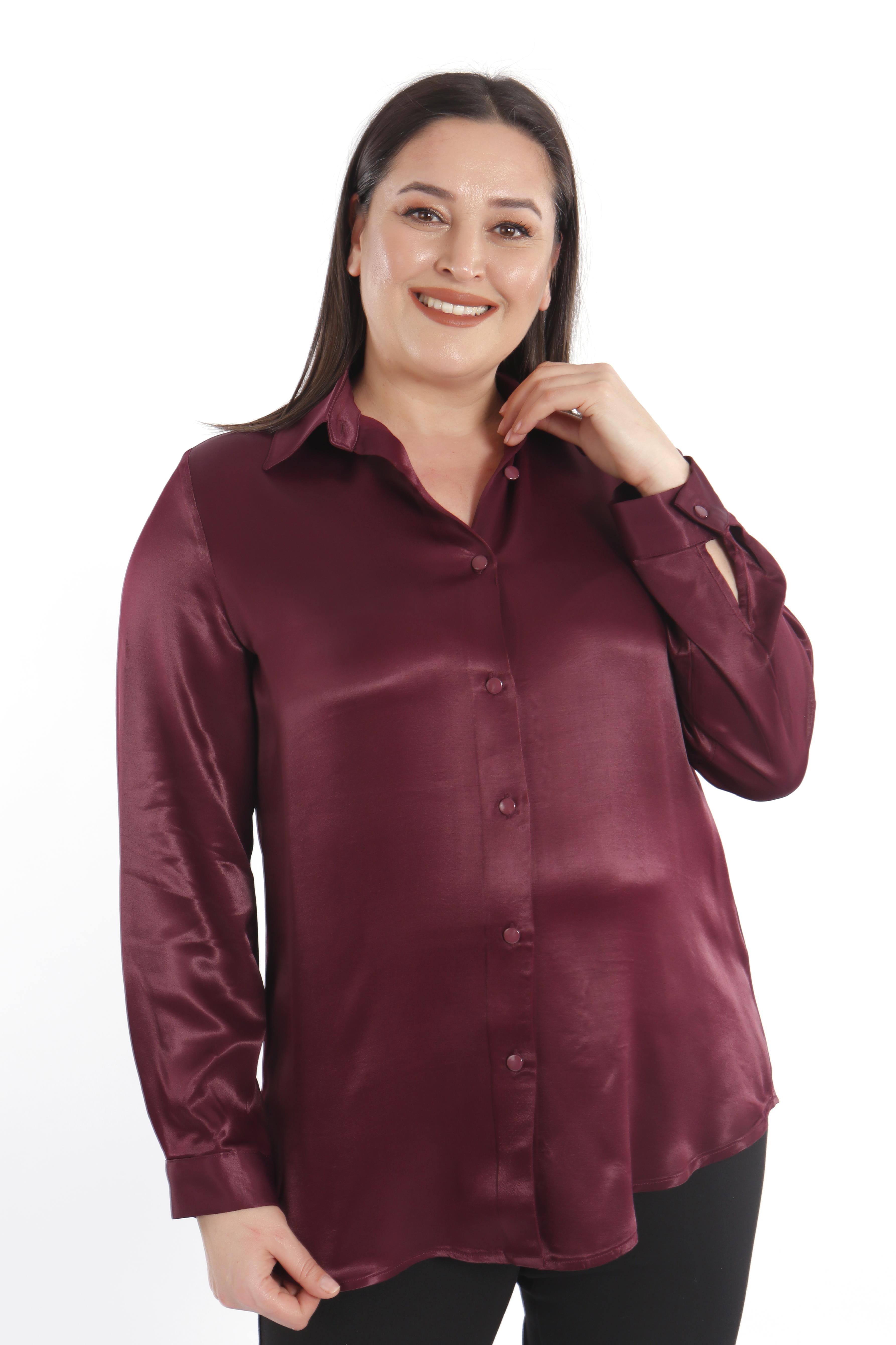 Trend42plus Büyük Beden Floş Viskoz Bordo Basic Gömlek