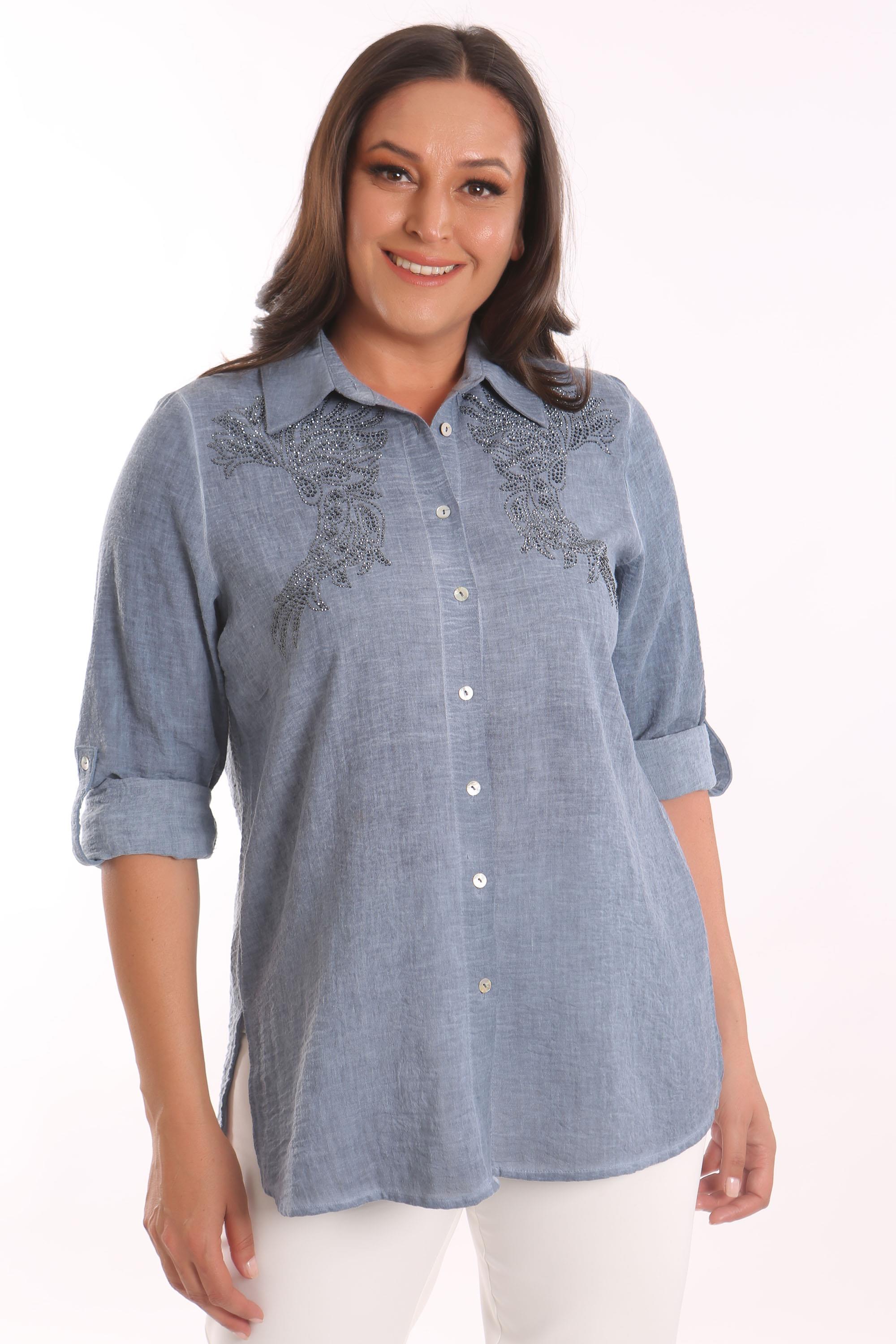 Trend42plus Büyük Beden İndigo Taş Baskılı Batik Gömlek
