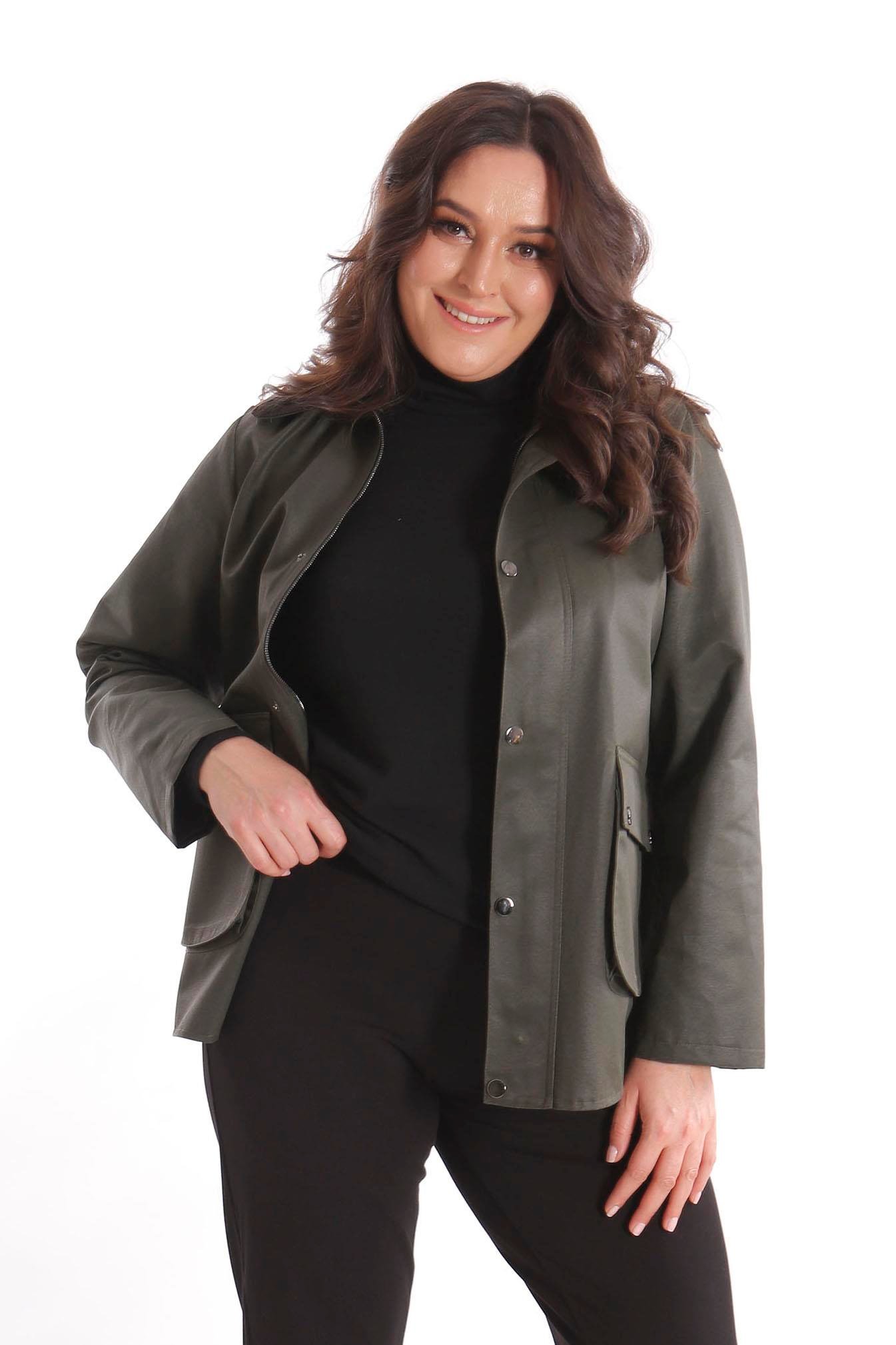 Trend42plus Büyük Beden Kadife Yakalı Çıt Çıt Düğme Detaylı Haki Kaban