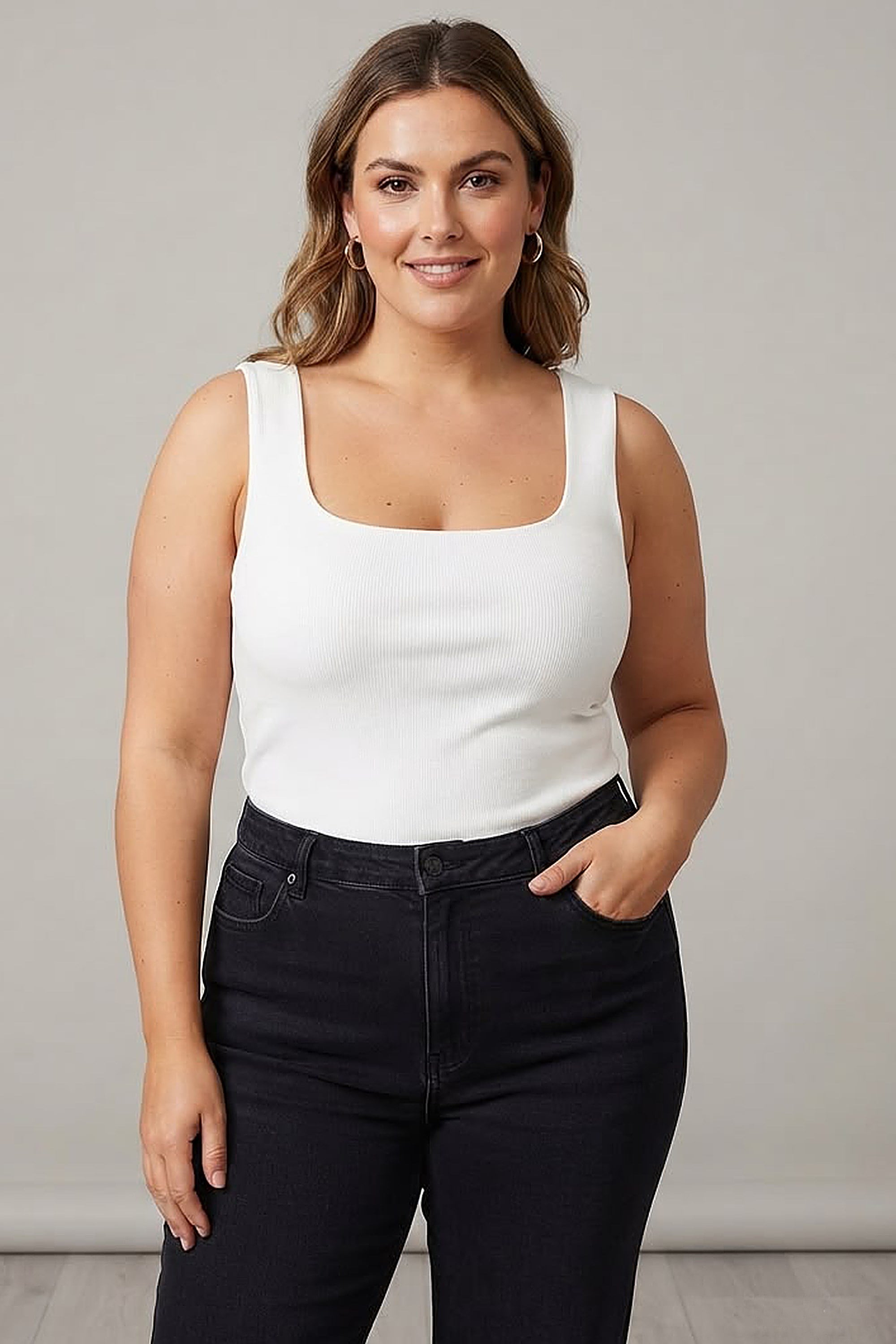 Trend42plus Büyük Beden Kalın Askılı Basic Top-Ekru