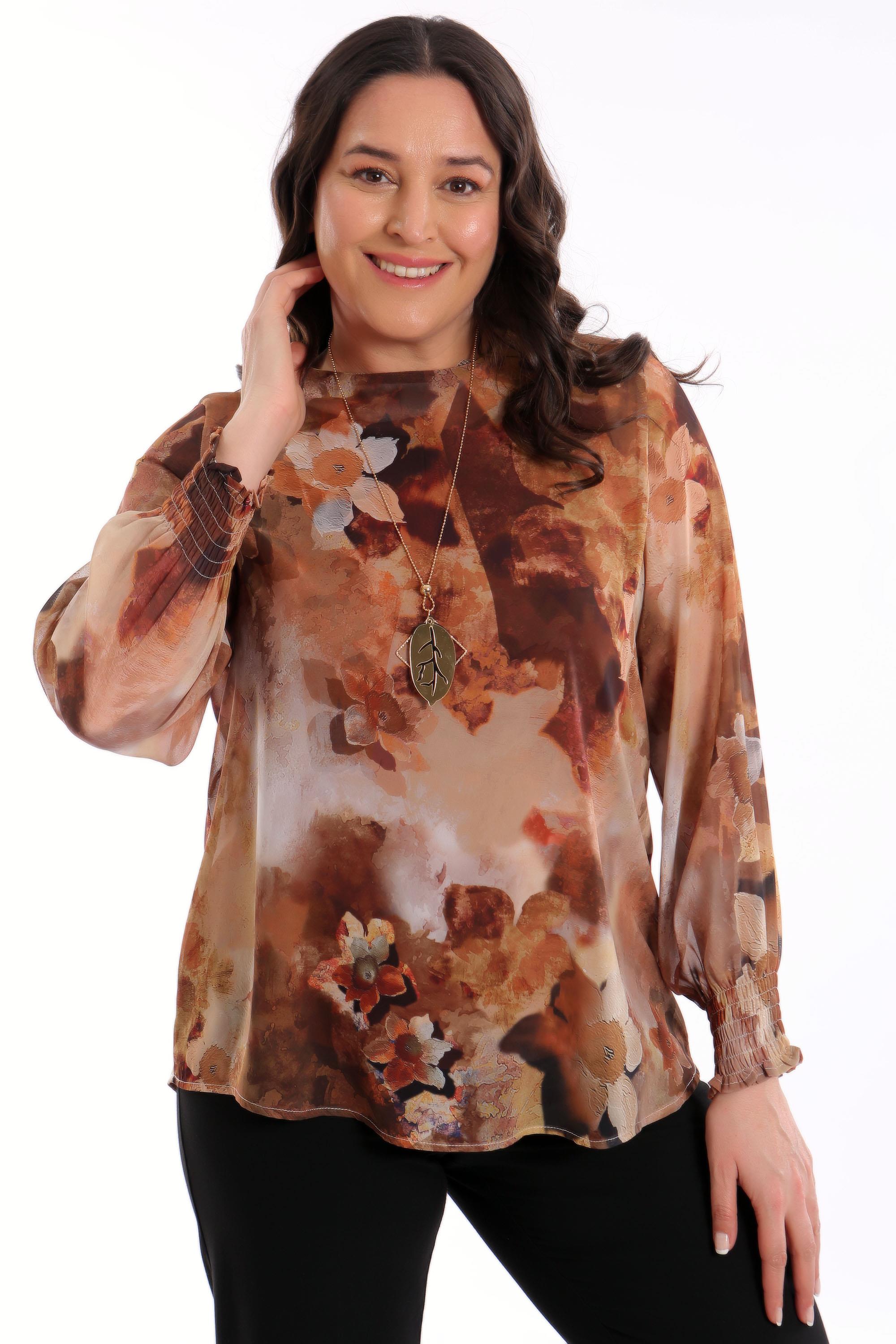 Trend42plus Büyük Beden Kollar Gipeli Desenli Kahverengi Bluz