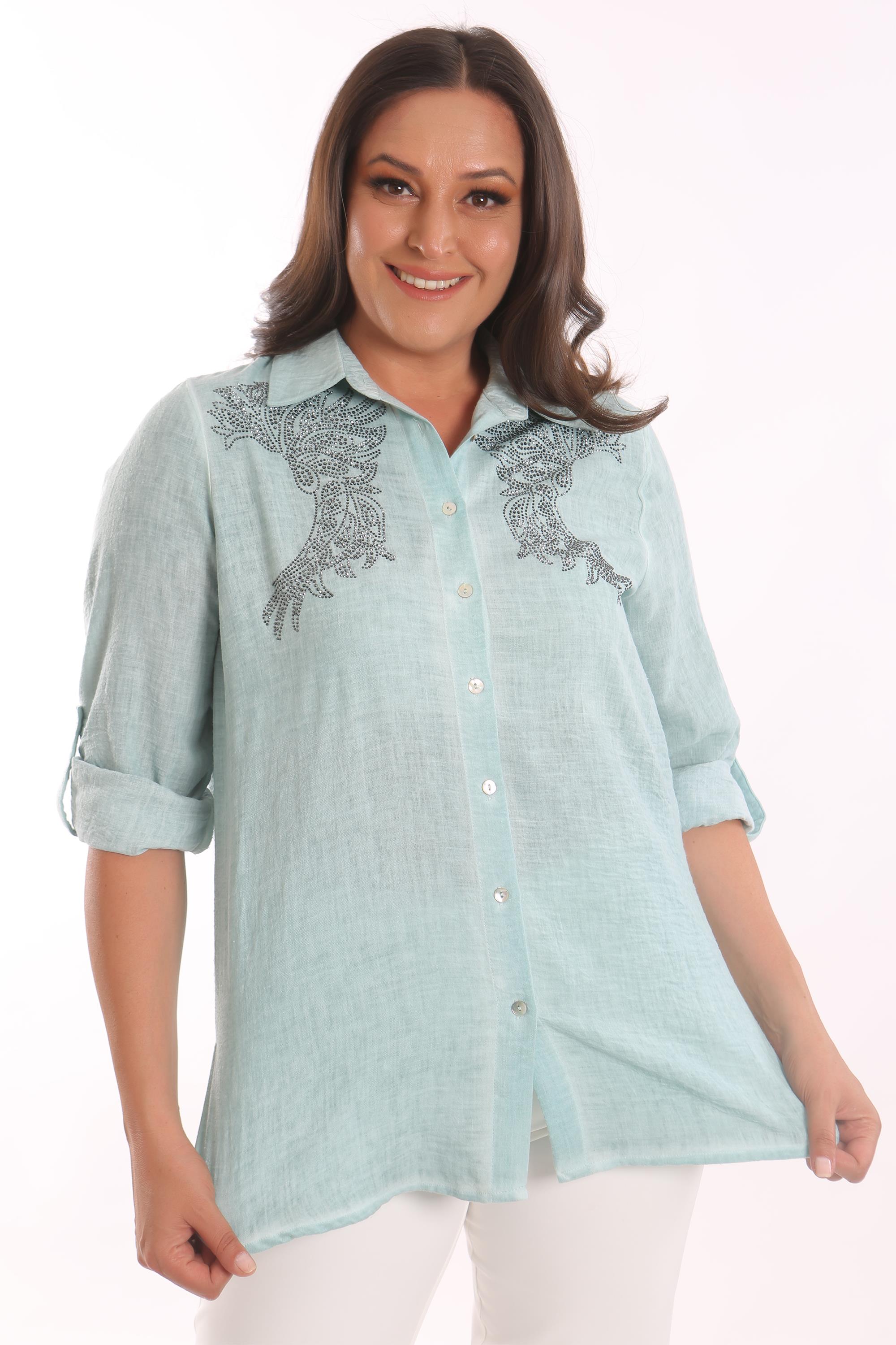 Trend42plus Büyük Beden Mint Taş Baskılı Batik Gömlek
