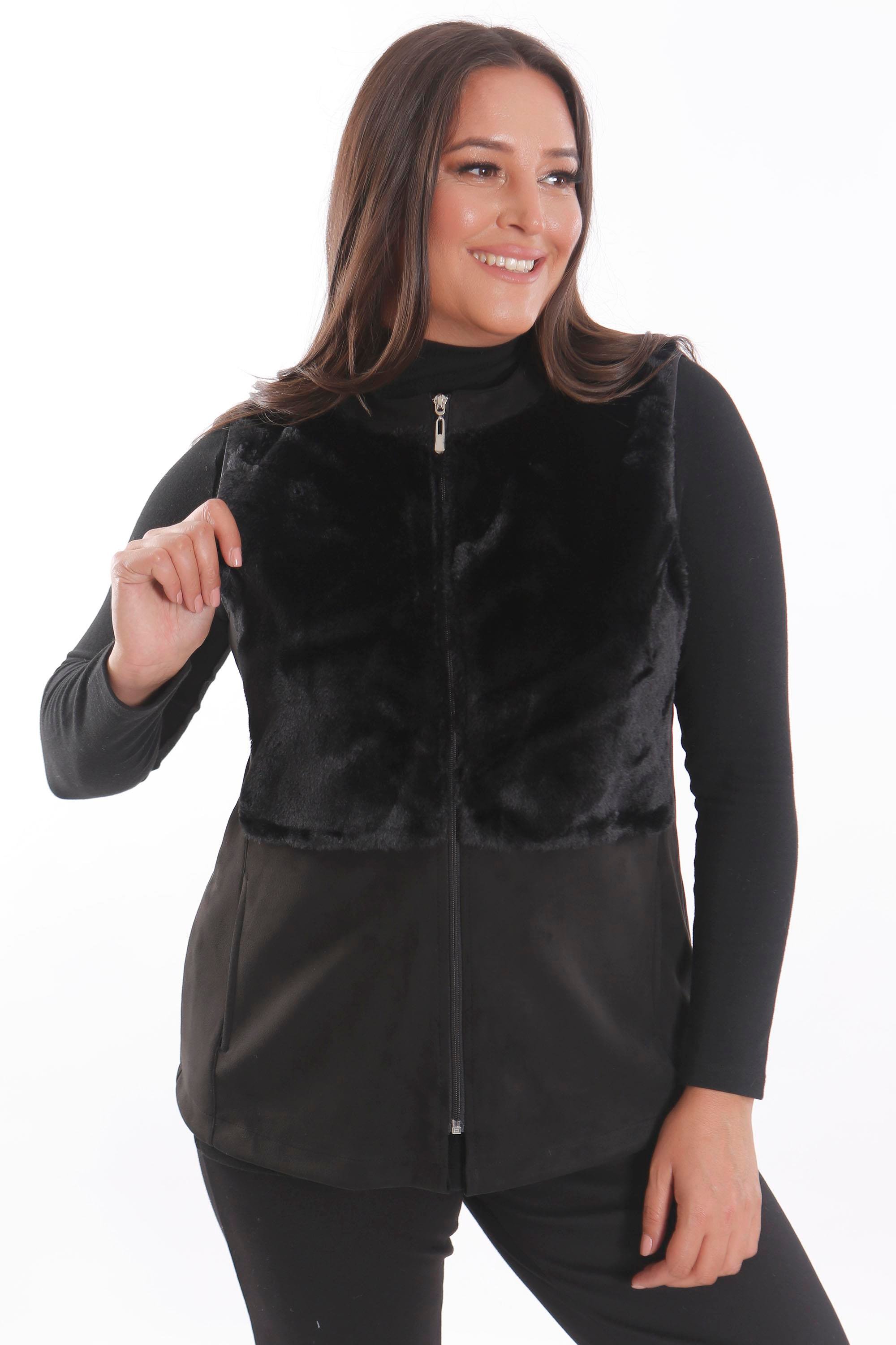 Trend42plus Büyük Beden Ön Kürk Detaylı Fermuarlı Siyah Yelek 