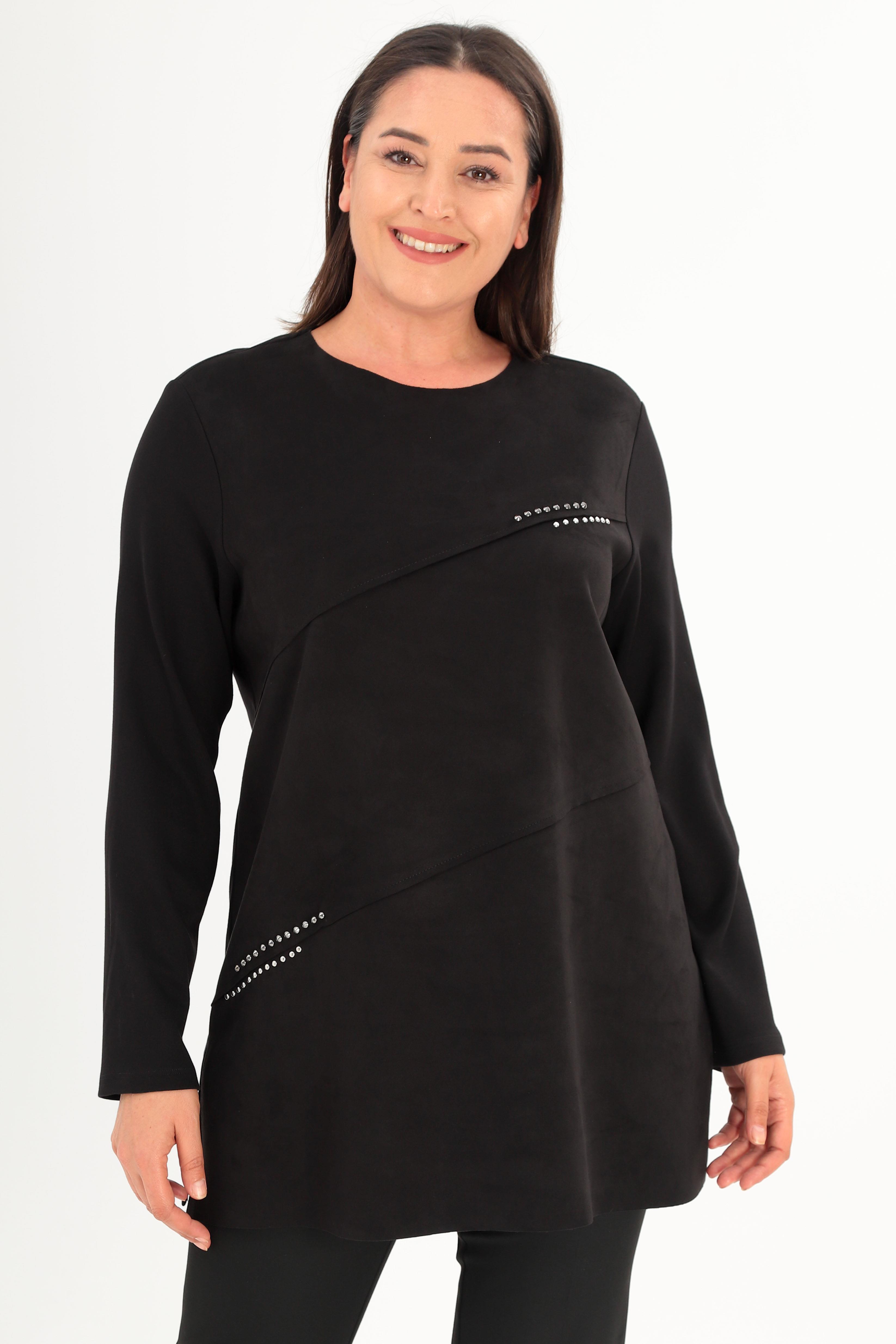 Trend42plus Büyük Beden Ön Süet Trok Baskılı Siyah Tunik