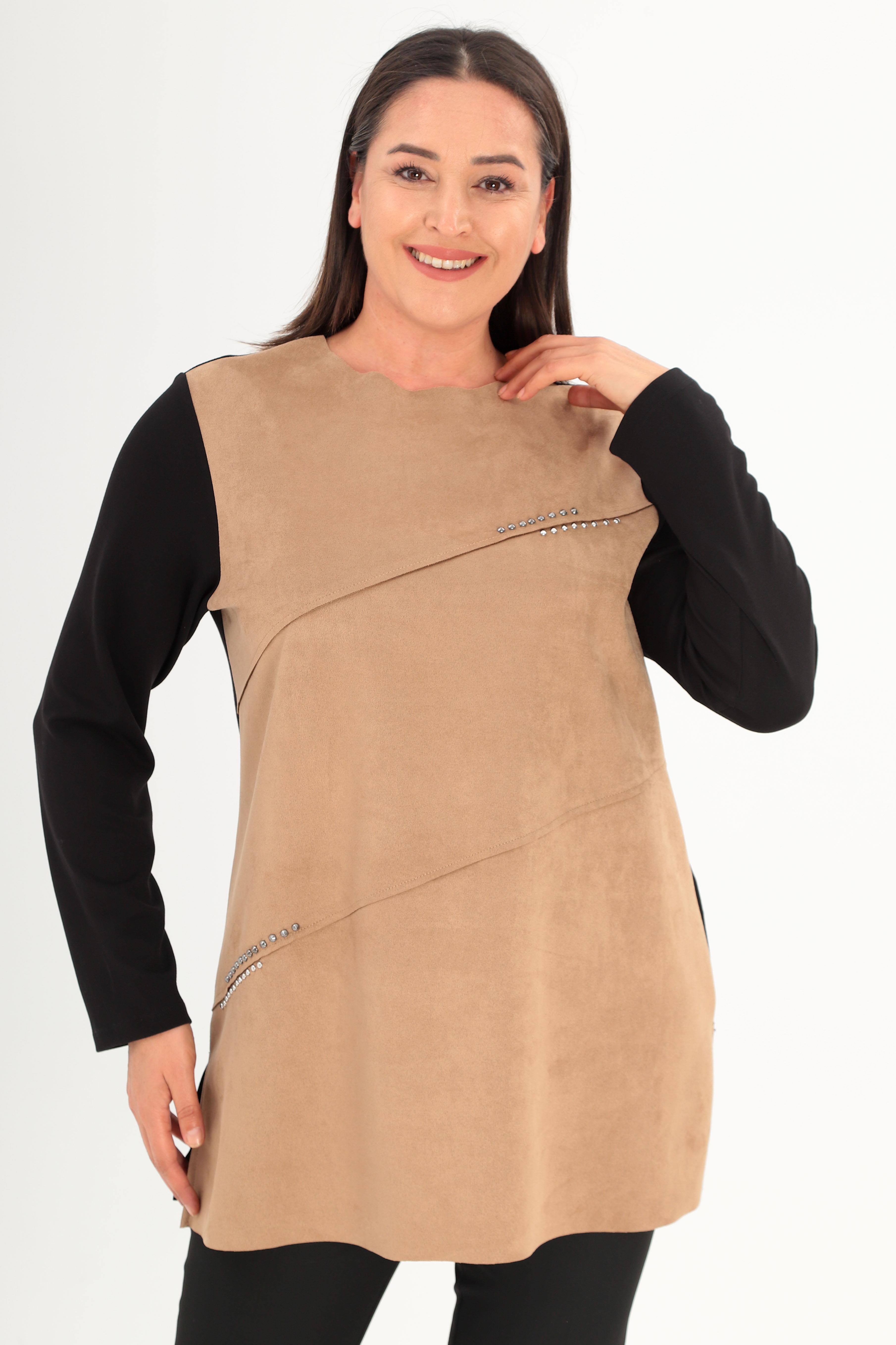 Trend42plus Büyük Beden Ön Süet Trok Baskılı Vizon Tunik