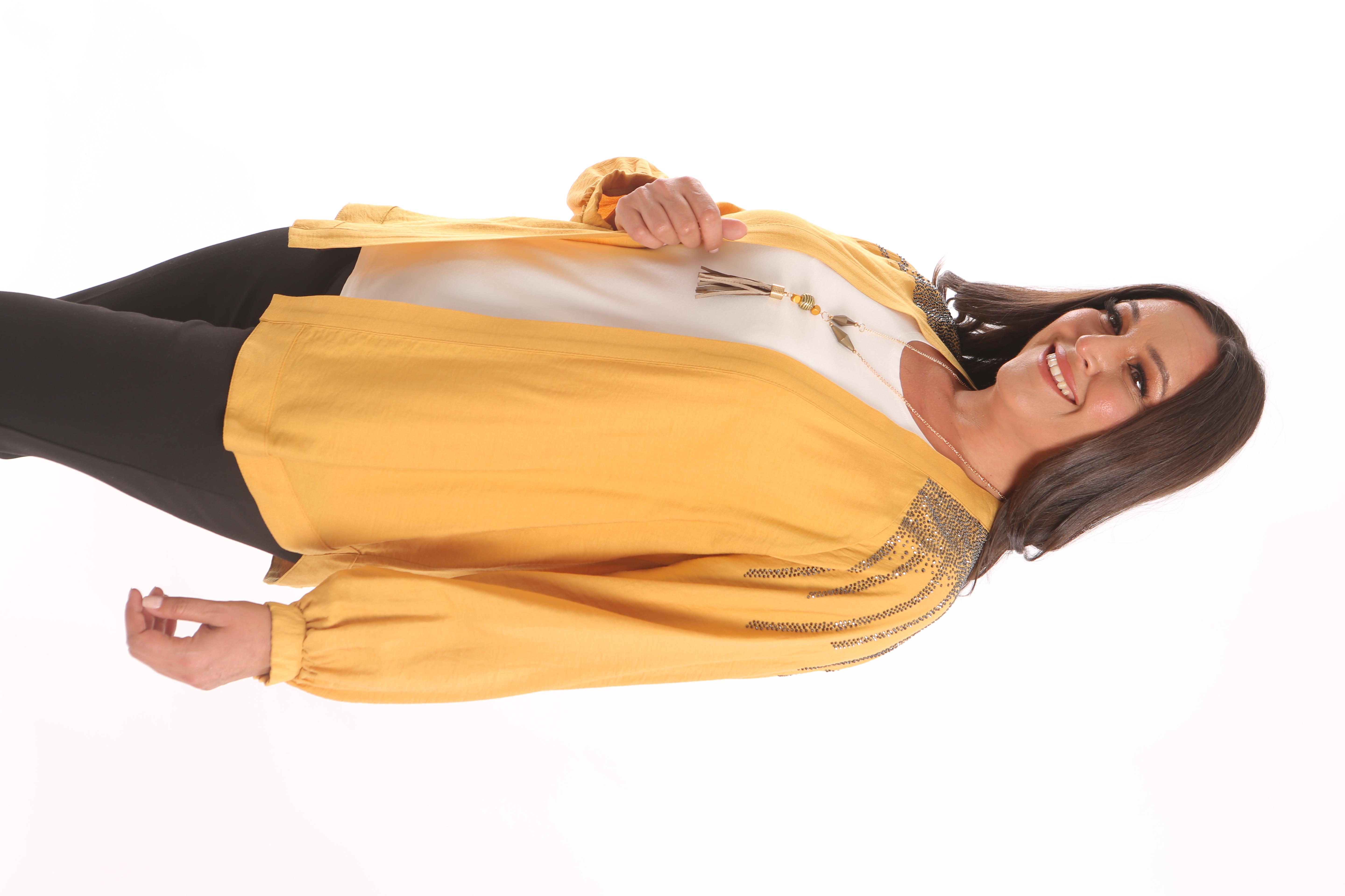 Trend42plus Büyük Beden Robası Taş Baskılı Oversize Hardal Ceket