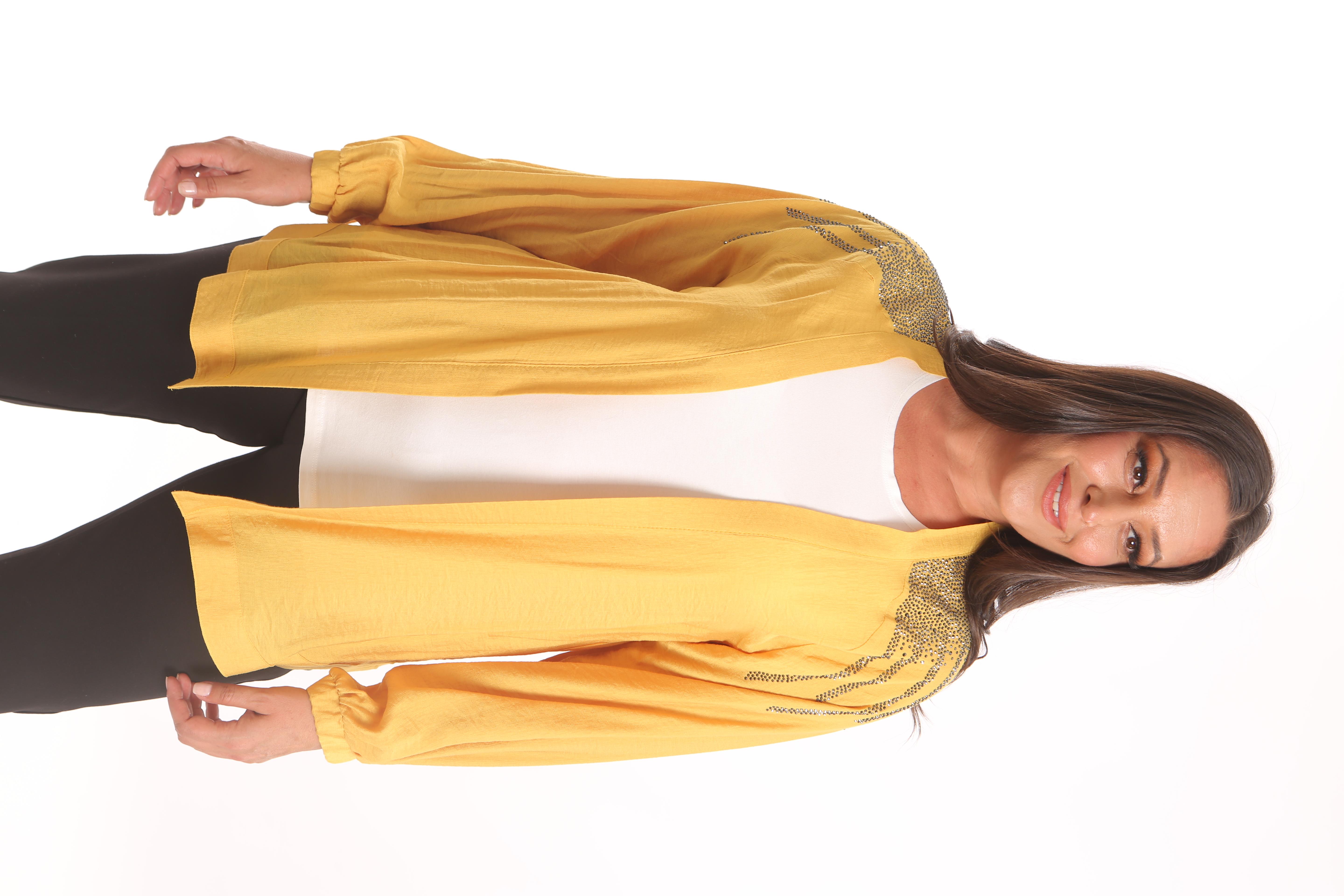 Trend42plus Büyük Beden Robası Taş Baskılı Oversize Sarı Ceket