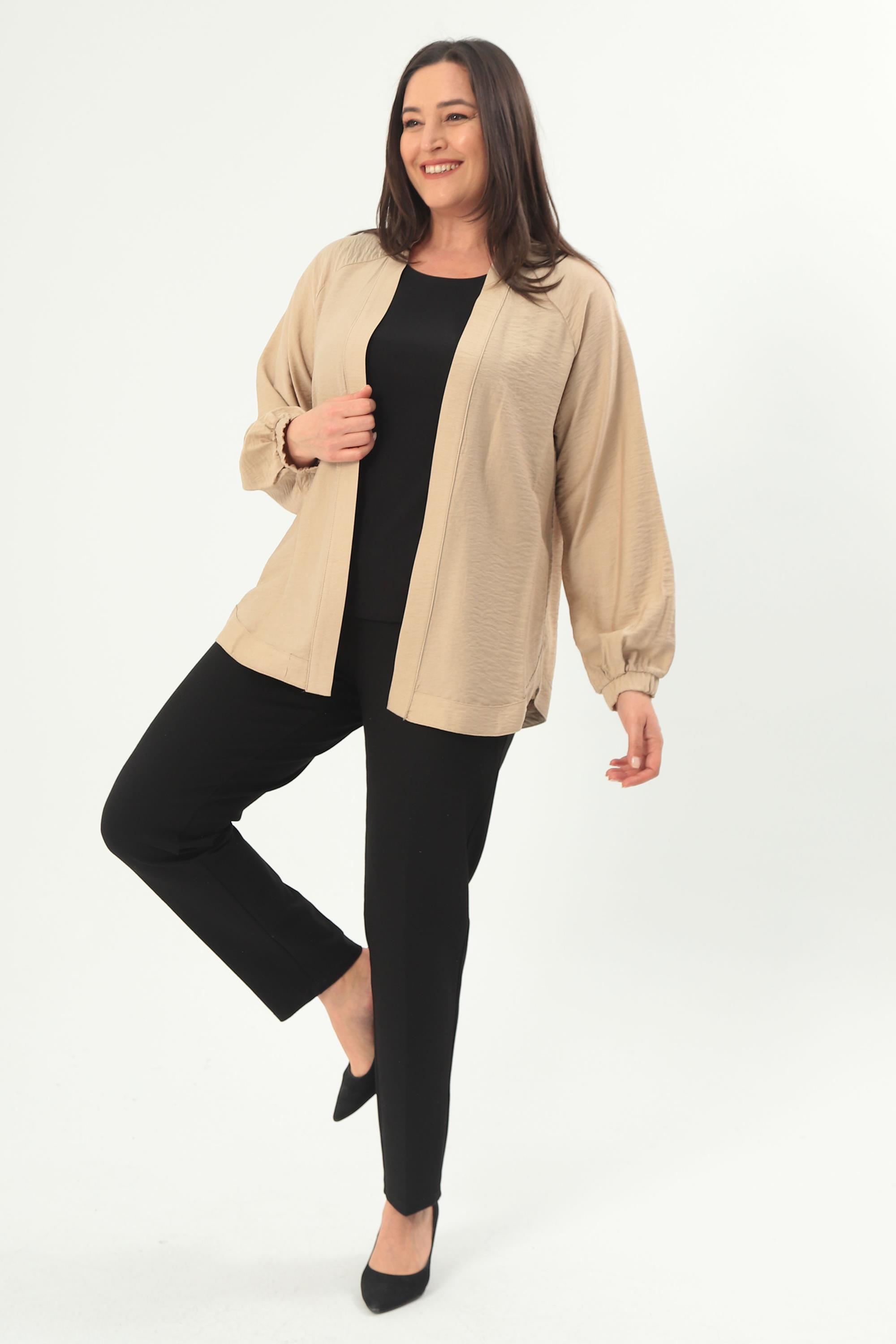 Trend42plus Büyük Beden Sırt Taş Baskılı Oversize Vizon Ceket