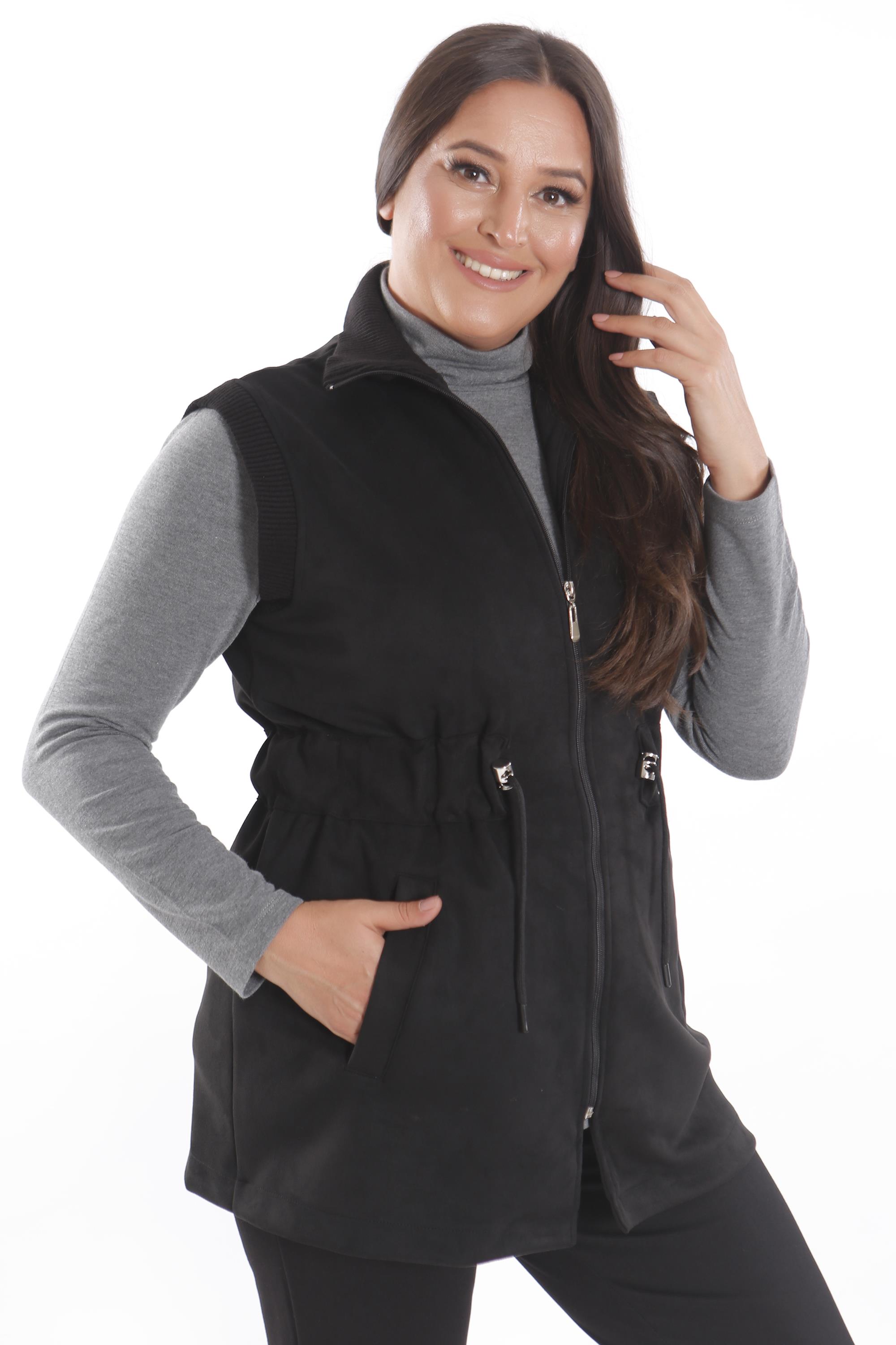 Trend42plus Büyük Beden Süet Bel Lastik ve Cep Detaylı Siyah Yelek