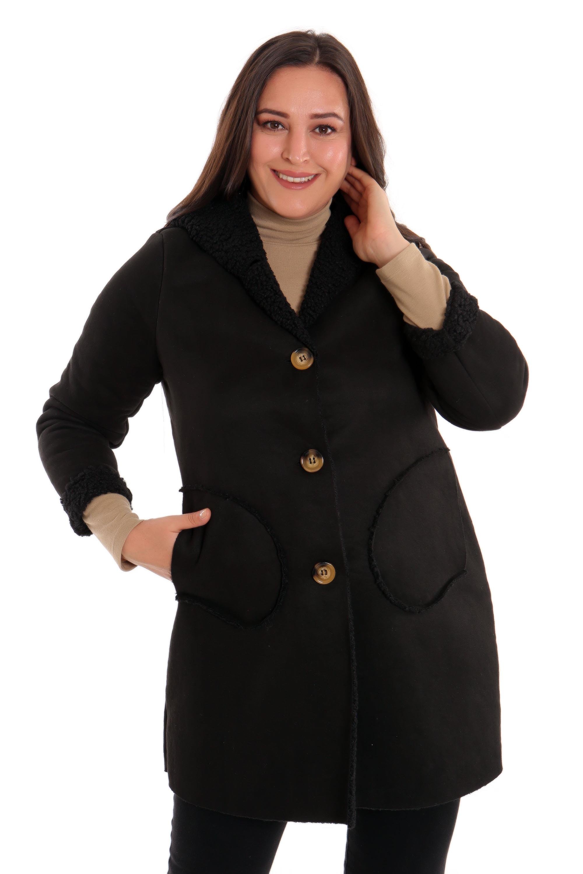 Trend42plus Büyük Beden Süet İçi Kürklü Siyah Kaban