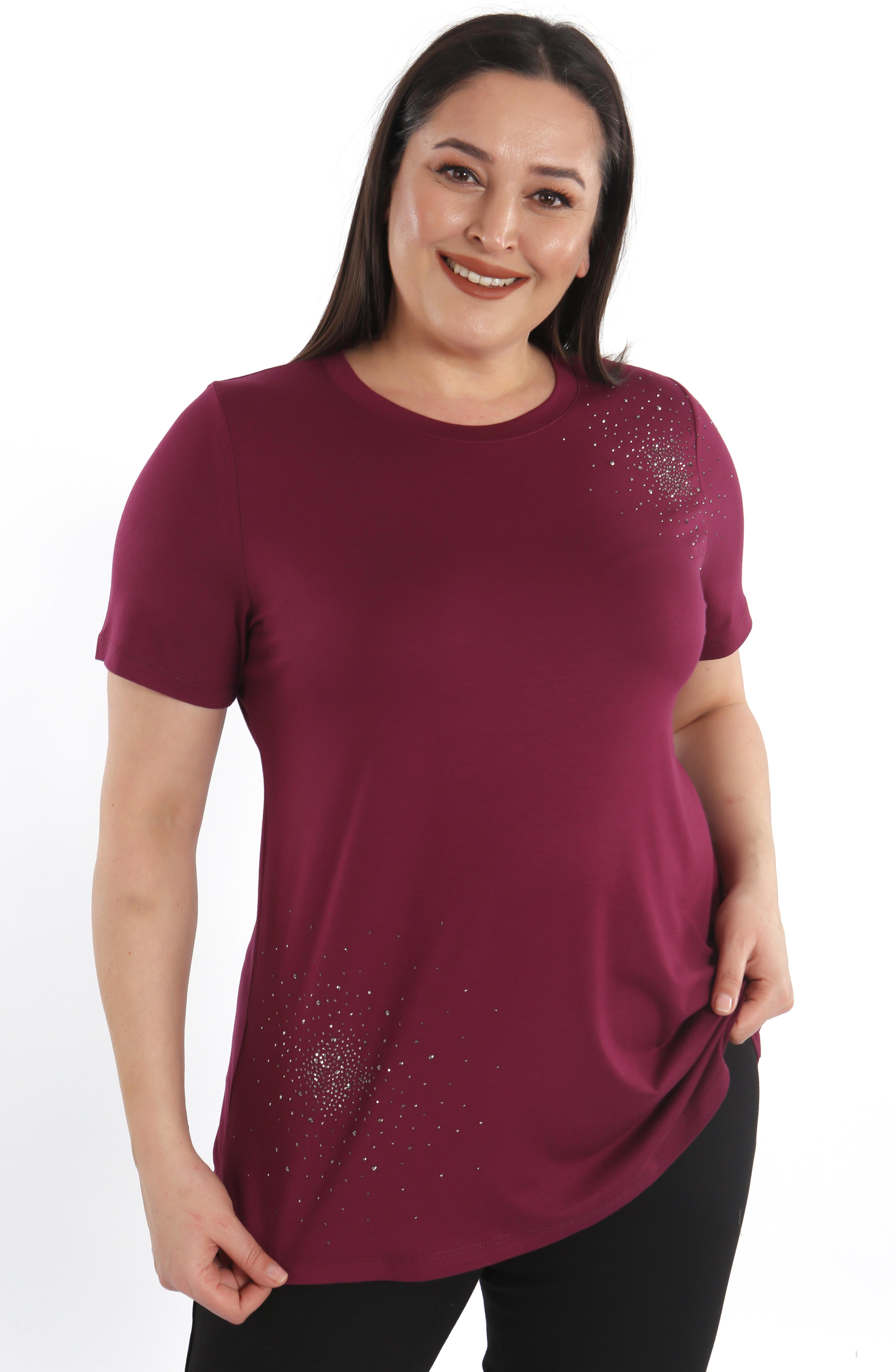 Trend42plus Büyük Beden Taş Baskılı Bordo Bluz