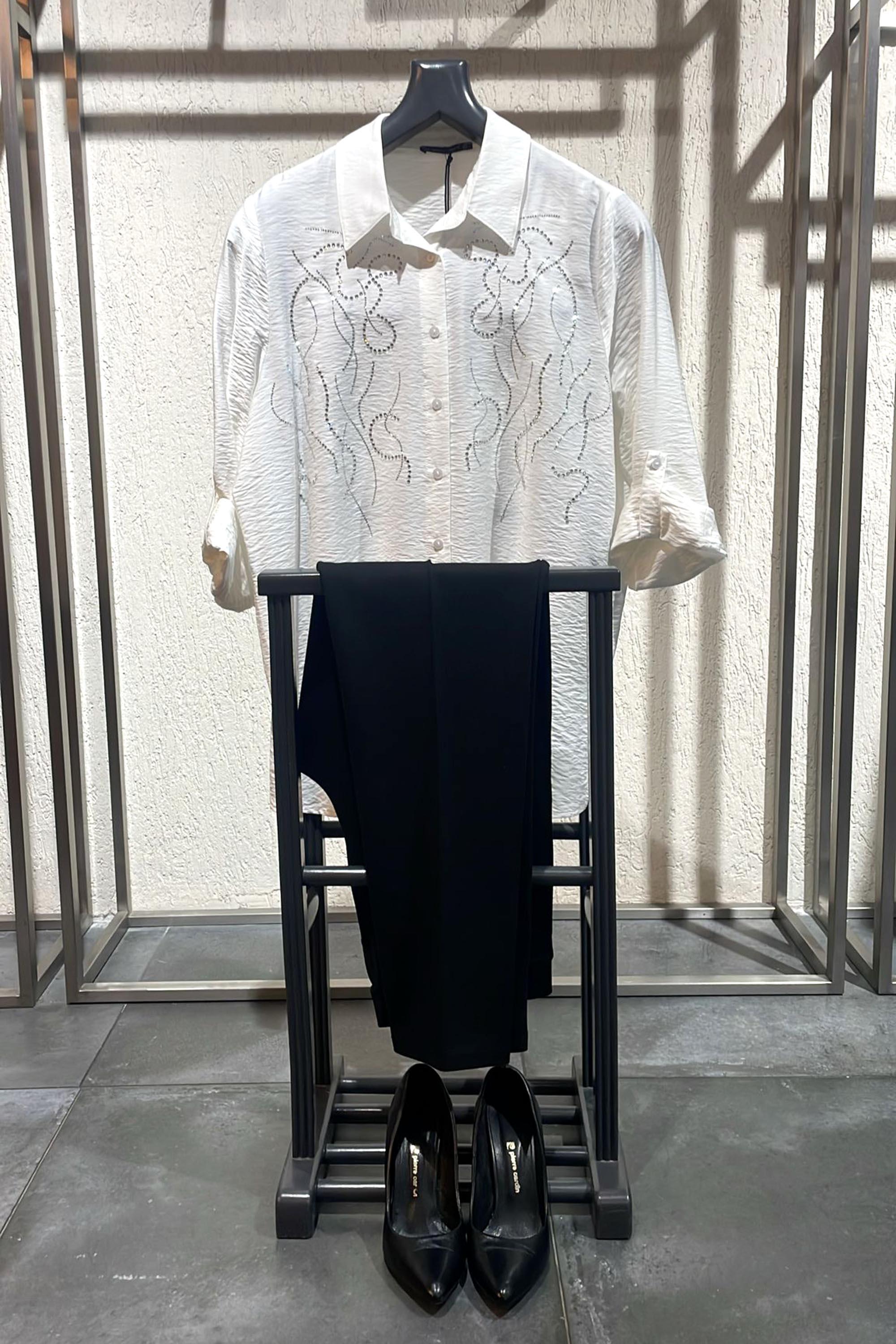 Trend42plus Büyük Beden Taş Baskılı Dokuma Ekru Gömlek