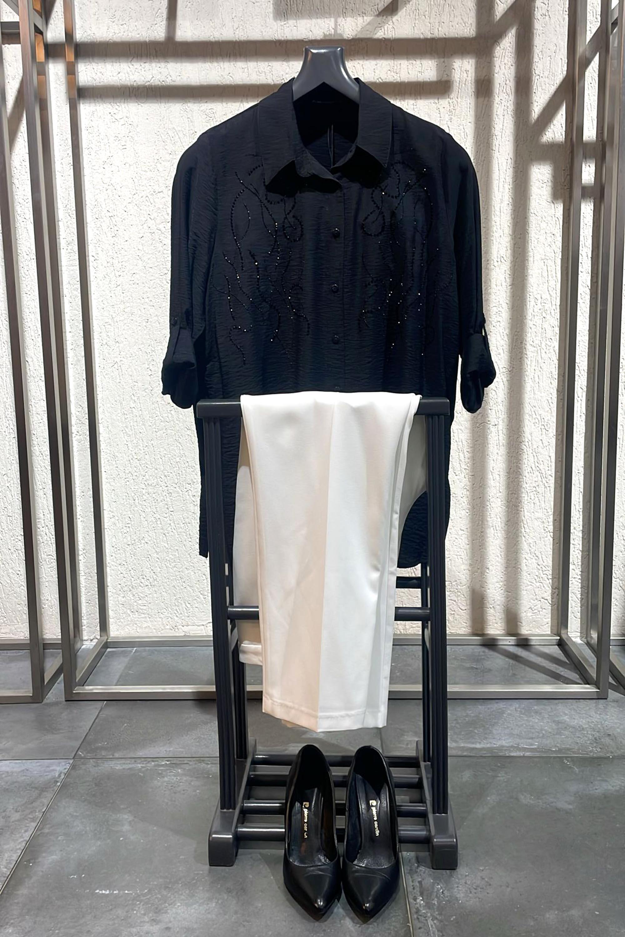 Trend42plus Büyük Beden Taş Baskılı Dokuma Siyah Gömlek