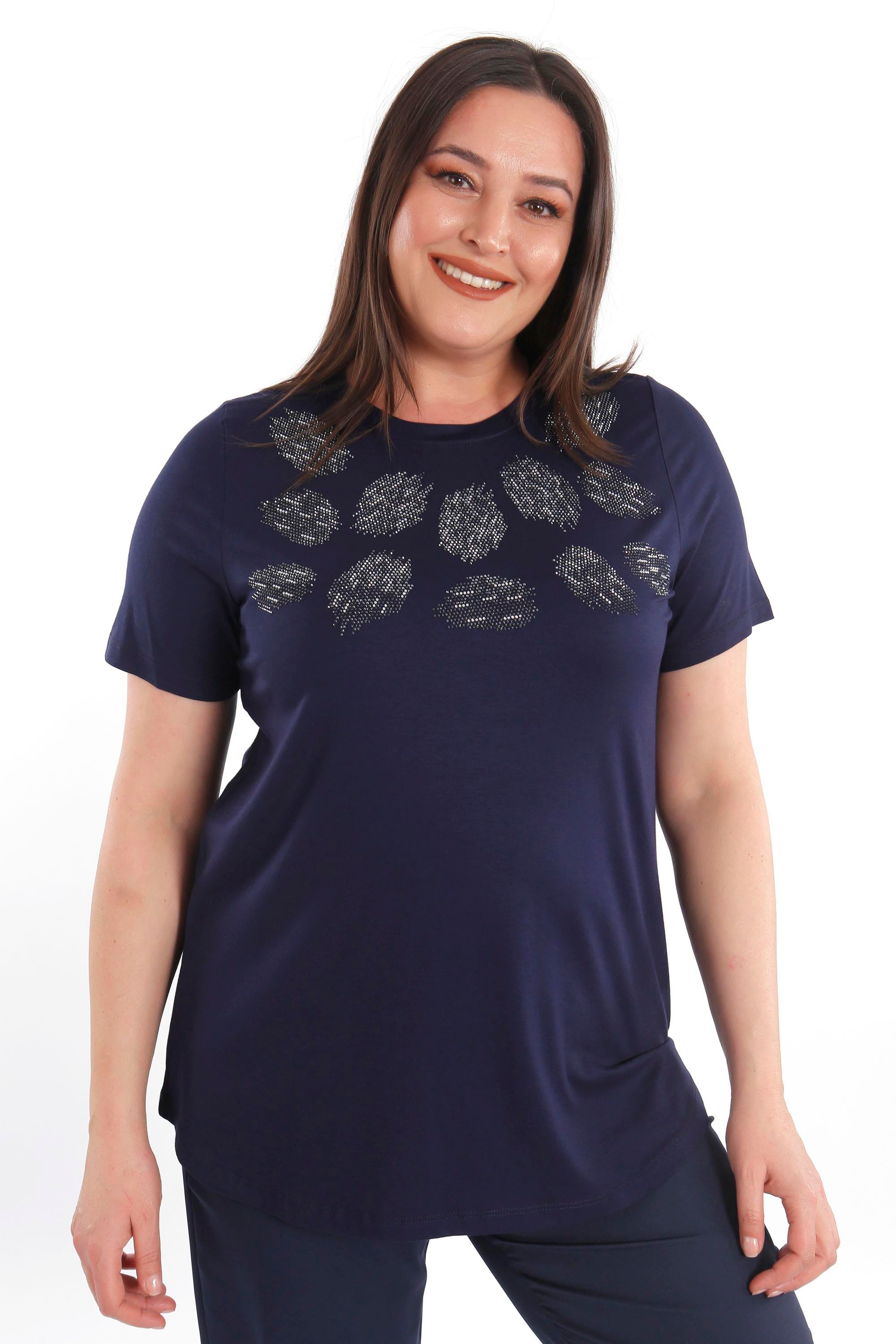 Trend42plus Crystal taşlı Kısa Kol Büyük Beden Viskoz Lacivert Kadın T-Shirt