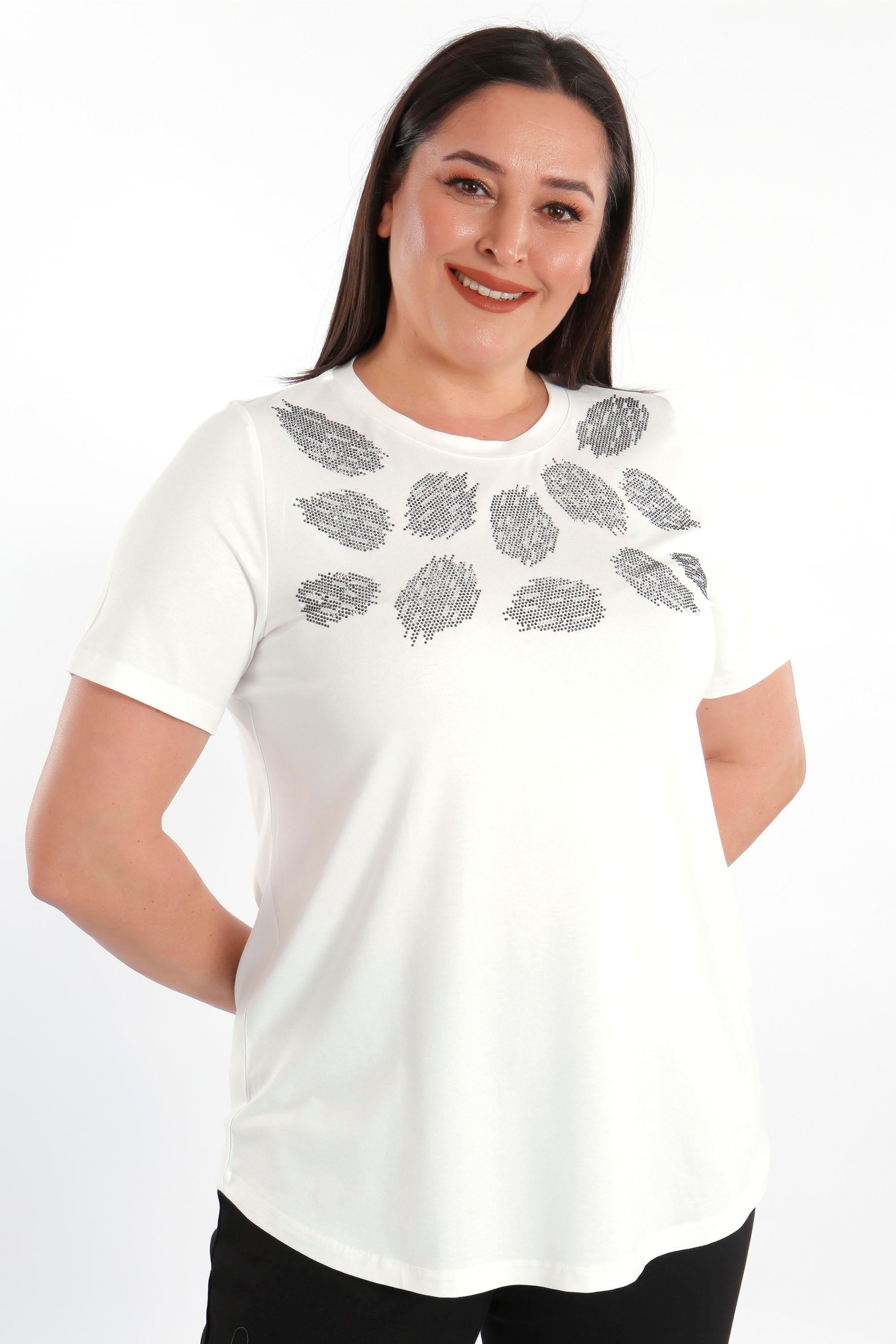 Trend42plus Crystal taşlı Kısa Kol Büyük Beden Viskoz Ekru Kadın T-Shirt