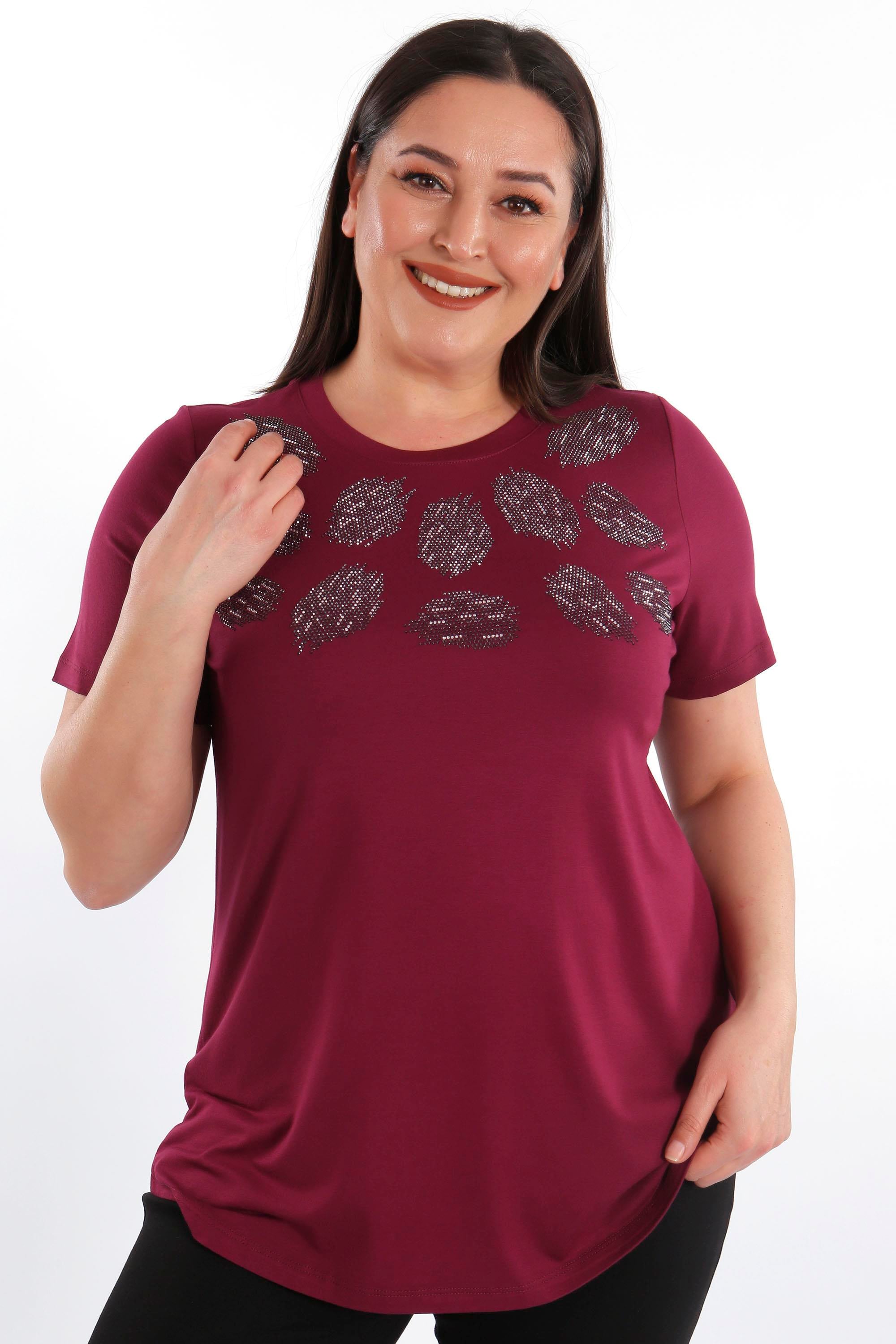 Trend42plus Crystal taşlı Kısa Kol Büyük Beden Viskoz Bordo Kadın T-Shirt