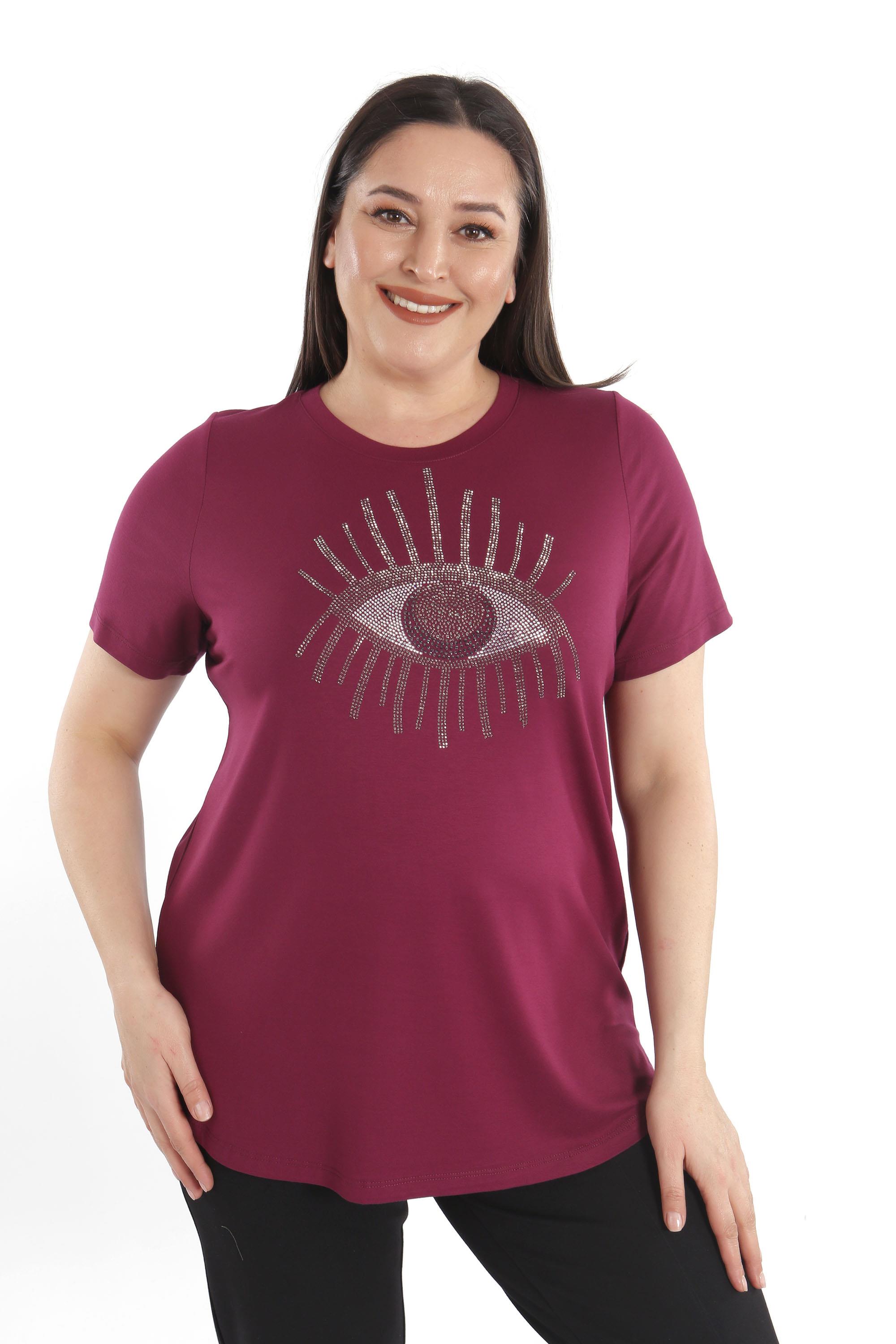Trend42plus Göz Crystal Taşlı Kısa Kol Büyük Beden Viskoz Bordo Kadın T-Shirt