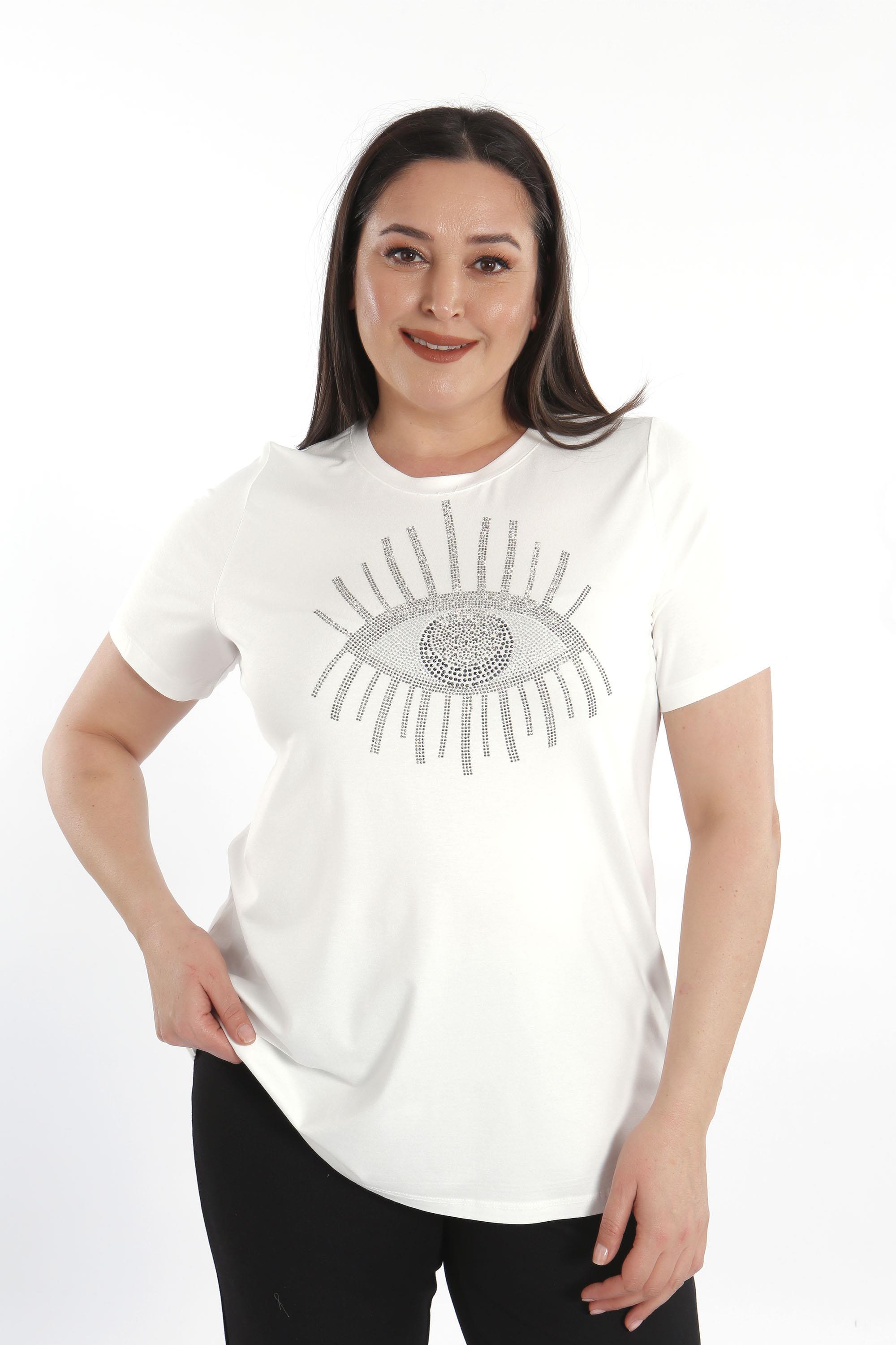 Trend42plus Göz Crystal Taşlı Kısa Kol Büyük Beden Viskoz Ekru Kadın T-Shirt