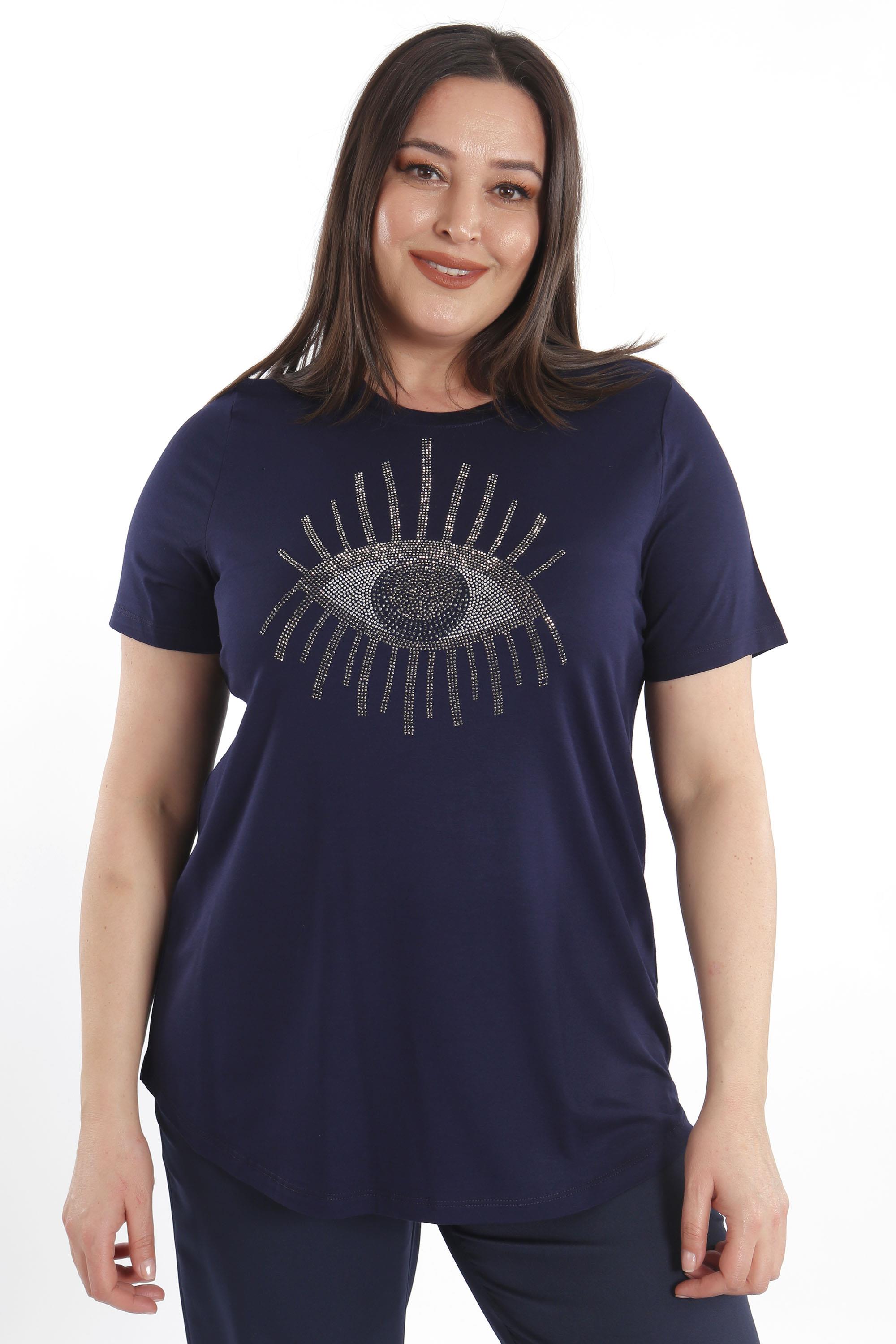 Trend42plus Göz Crystal Taşlı Kısa Kol Büyük Beden Viskoz Lacivert Kadın T-Shirt