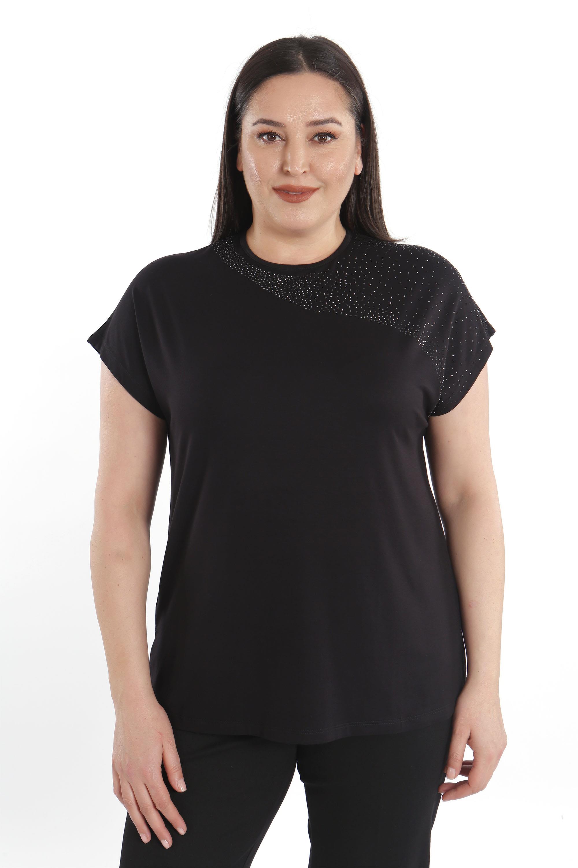 Trend42plus Omuz Kısmı Crystal taşlı Kısa Kol Büyük Beden Viskoz Siyah Kadın T-Shirt