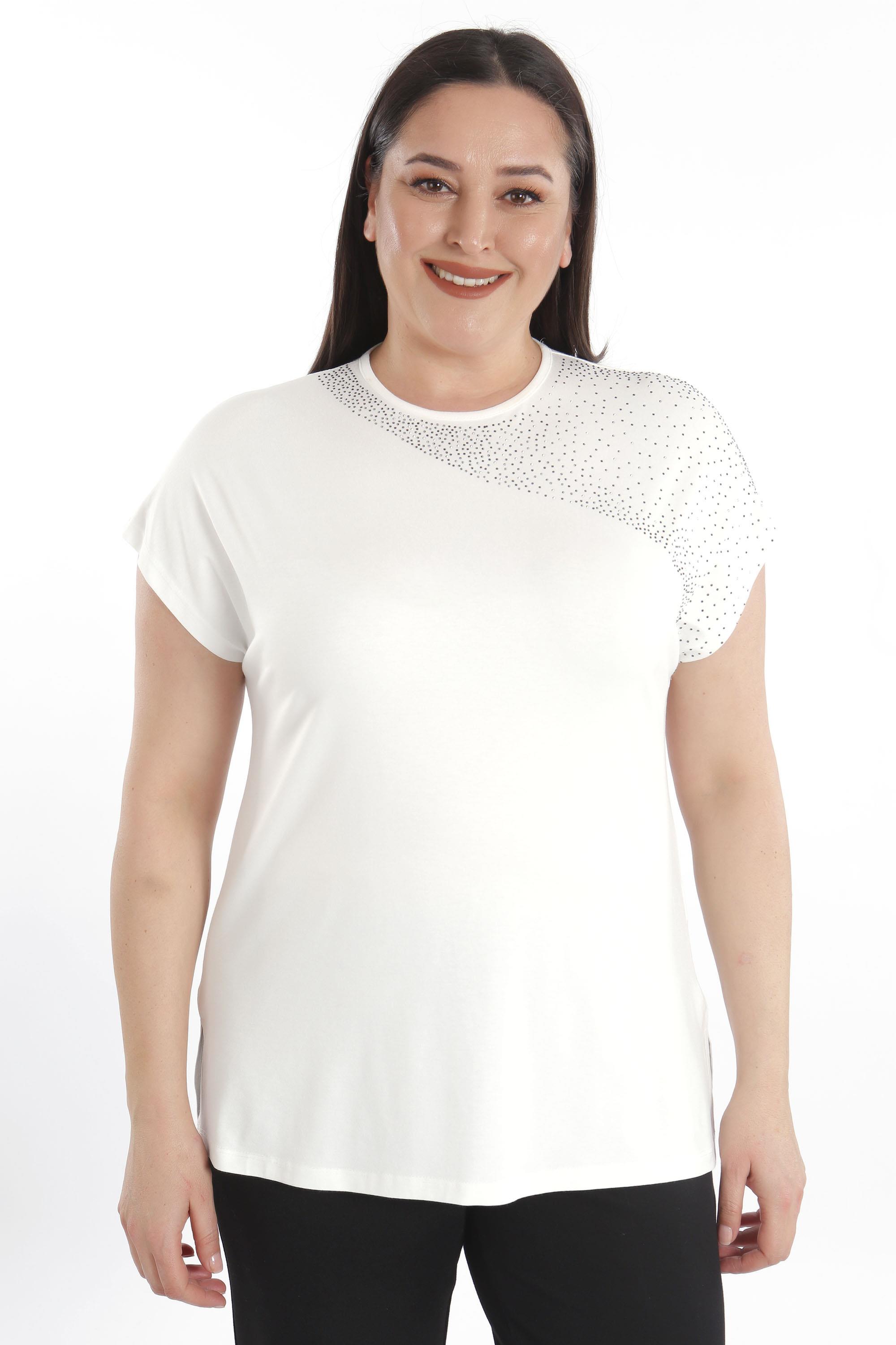 Trend42plus Omuz Kısmı Crystal taşlı Kısa Kol Büyük Beden Viskoz Ekru Kadın T-Shirt