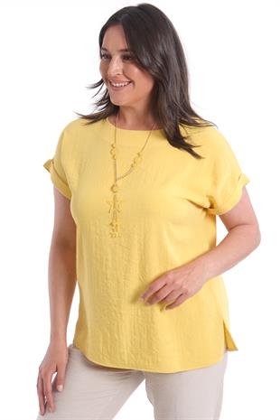Büyük Beden Düşük kol Basic Sarı Bluz