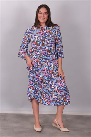 Desenli Fırfırlı İndigo Elbise 