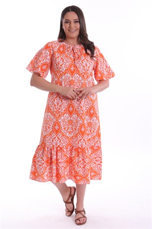Poplin Desenli Fırfırlı Mercan Elbise 