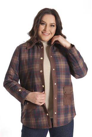 Trend42plus Büyük Beden Çıt Çıt Düğmeli Ekose Desenli Kahverengi Mont
