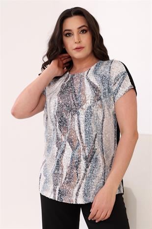 Trend42plus Büyük Beden Dalga Desen Pul Payet Düşük Kol Siyah Bluz