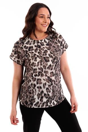 Trend42plus Büyük Beden Leopar Desenli Düşük Kol Siyah Bluz