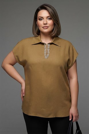 Trend42plus Büyük Beden Nakışlı Düşük Kol Vizon Bluz