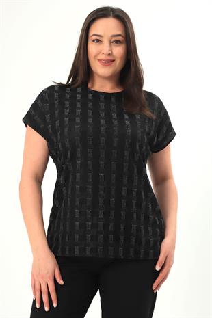 Trend42plus Büyük Beden Simli Kareli Düşük Kol Siyah Bluz