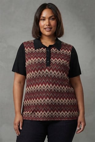 Trend42plus Büyük Beden Zik Zak Desenli Polo Yaka Bordo Bluz