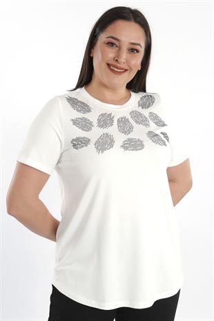 Trend42plus Crystal taşlı Kısa Kol Büyük Beden Viskoz Ekru Kadın T-Shirt